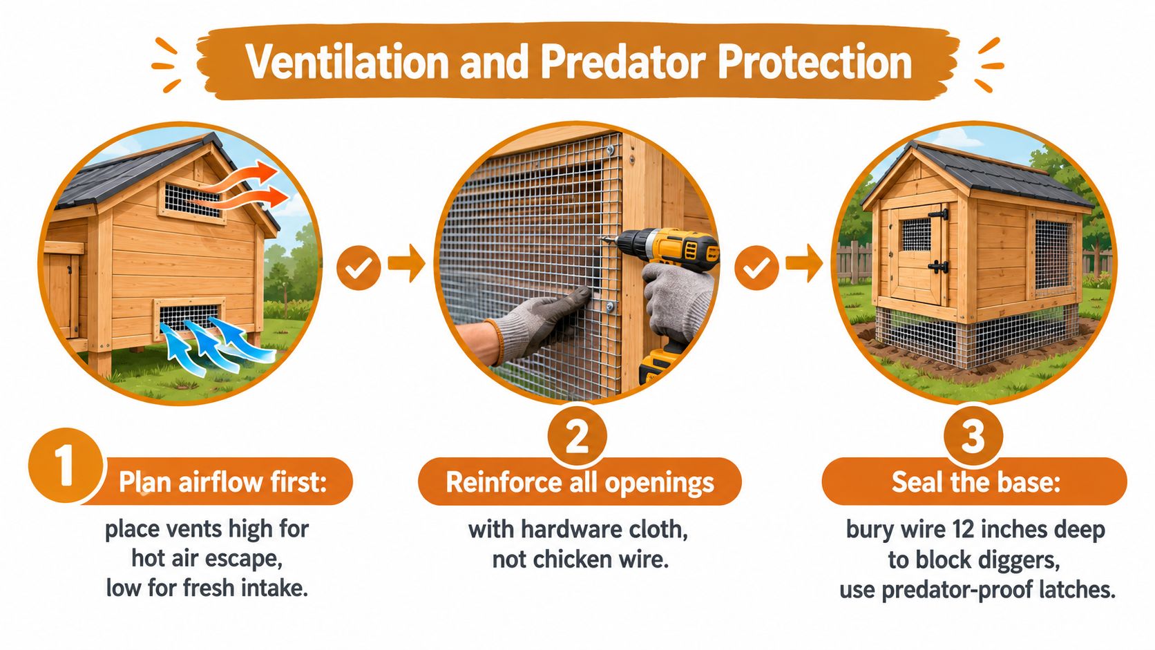 An educational infographic showing three steps to improve ventilation and predator protection for a chicken coop.