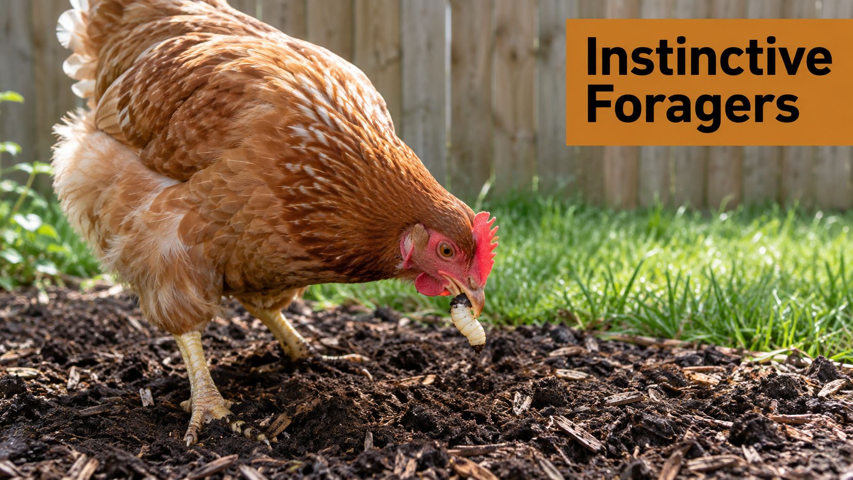 A brown chicken eating a white grub it found while foraging in the garden soil.
