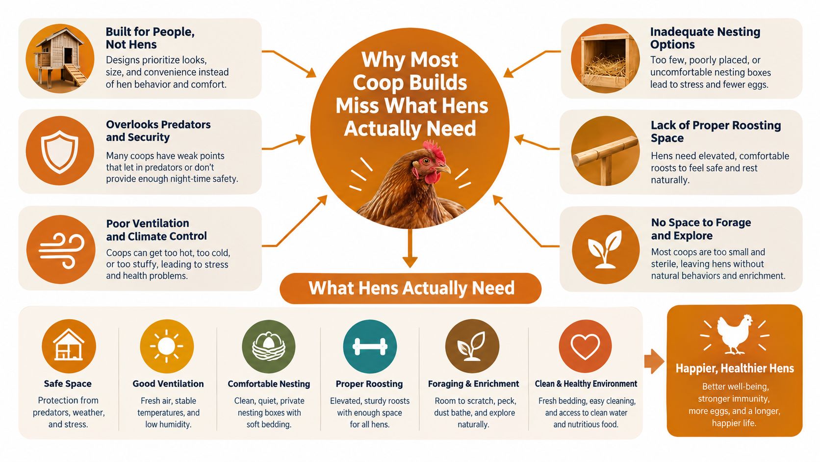 An infographic showing common chicken coop design mistakes versus the actual environmental needs of hens for health.