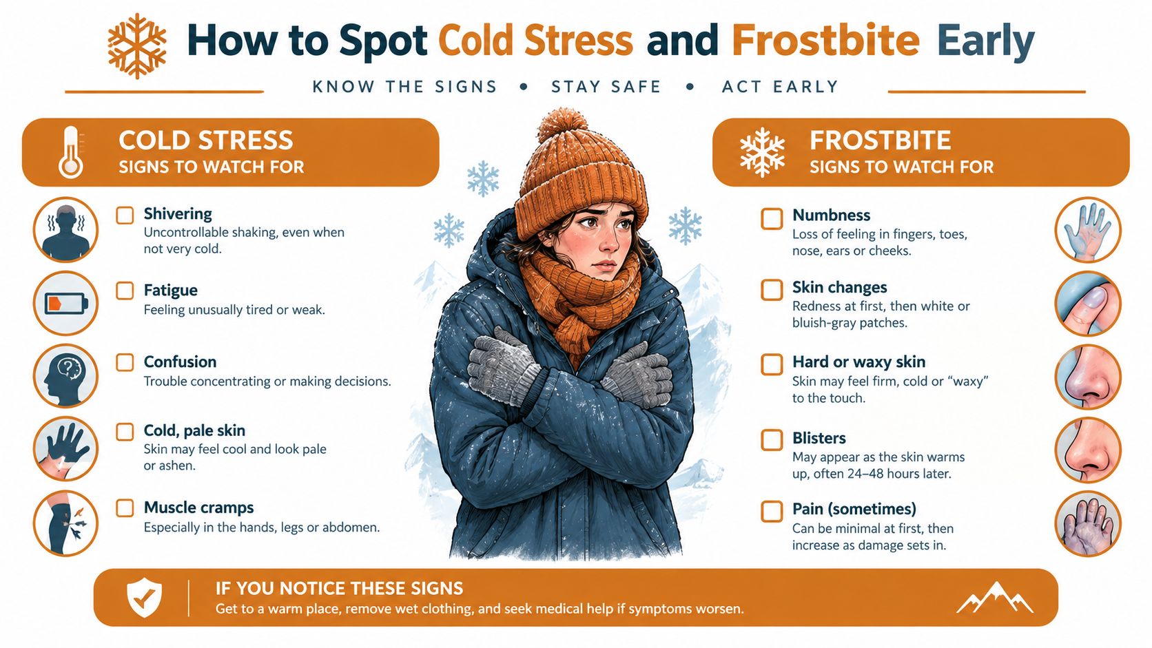 An infographic detailing early warning signs of cold stress and frostbite to help people stay safe.