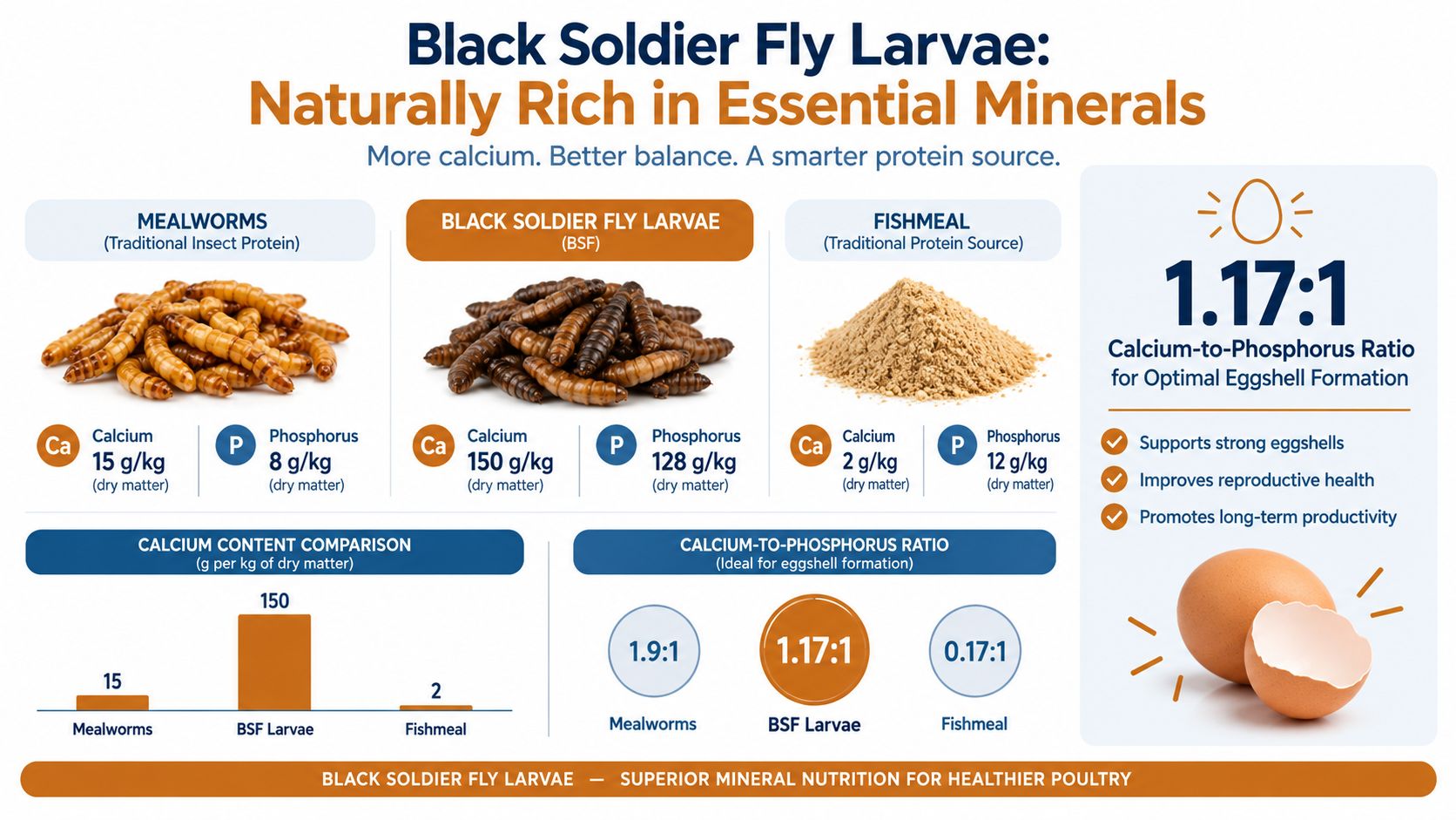 A nutritional comparison chart showing Black Soldier Fly larvae are a superior mineral source compared to mealworms and fishmeal.