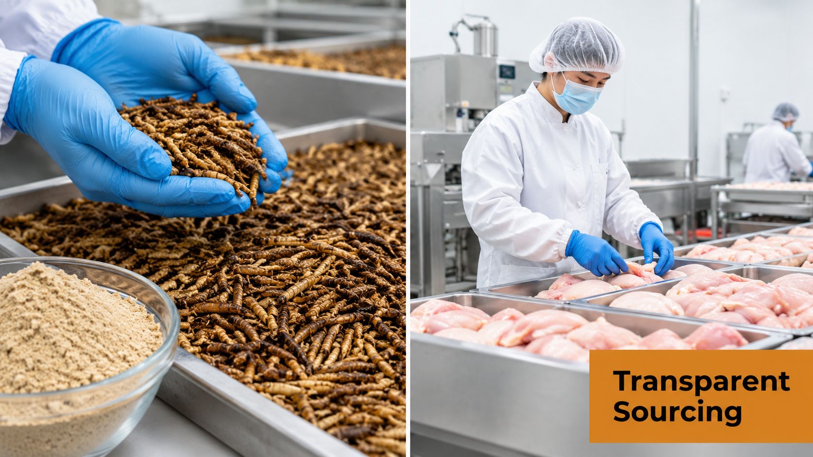 A split-screen image showing dried insects in a tray and a food processing plant handling raw chicken.