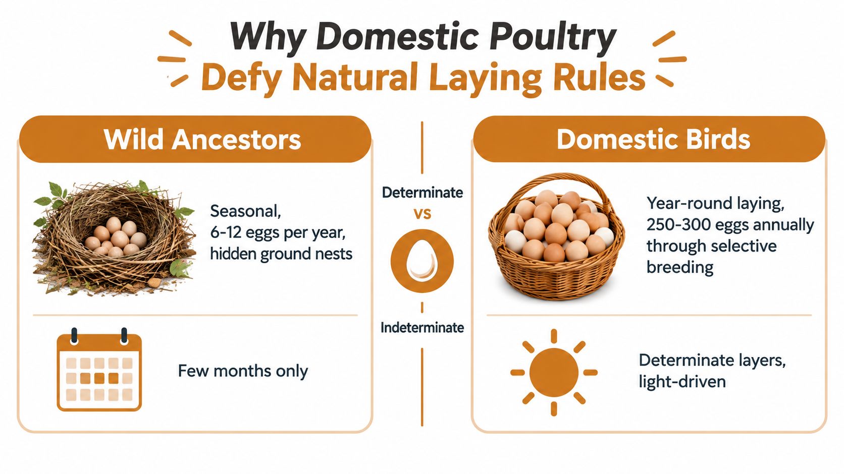 An infographic comparing egg-laying habits between wild ancestor birds and domestic poultry breeds.