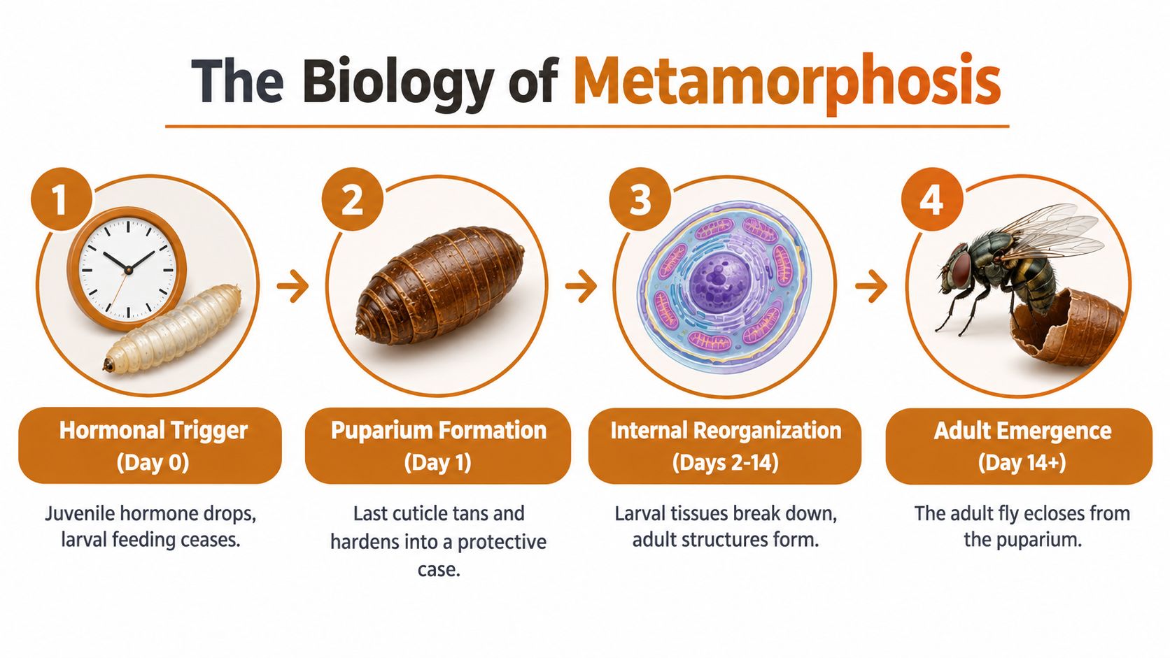 A diagram illustrating the four stages of fly metamorphosis from hormonal trigger to adult fly emergence.