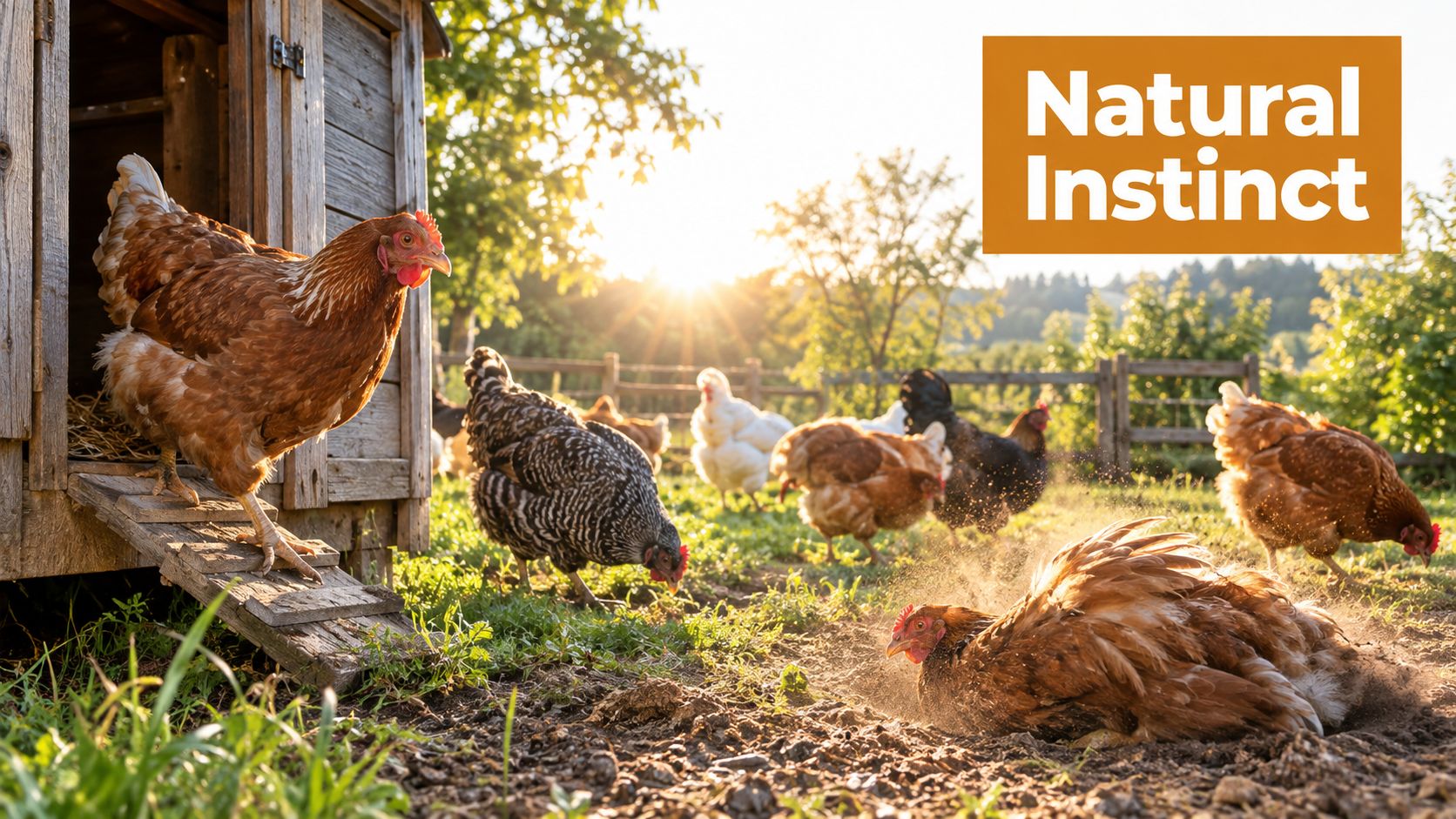 A group of chickens roaming and dust bathing outside a wooden coop in a sunny farmyard.