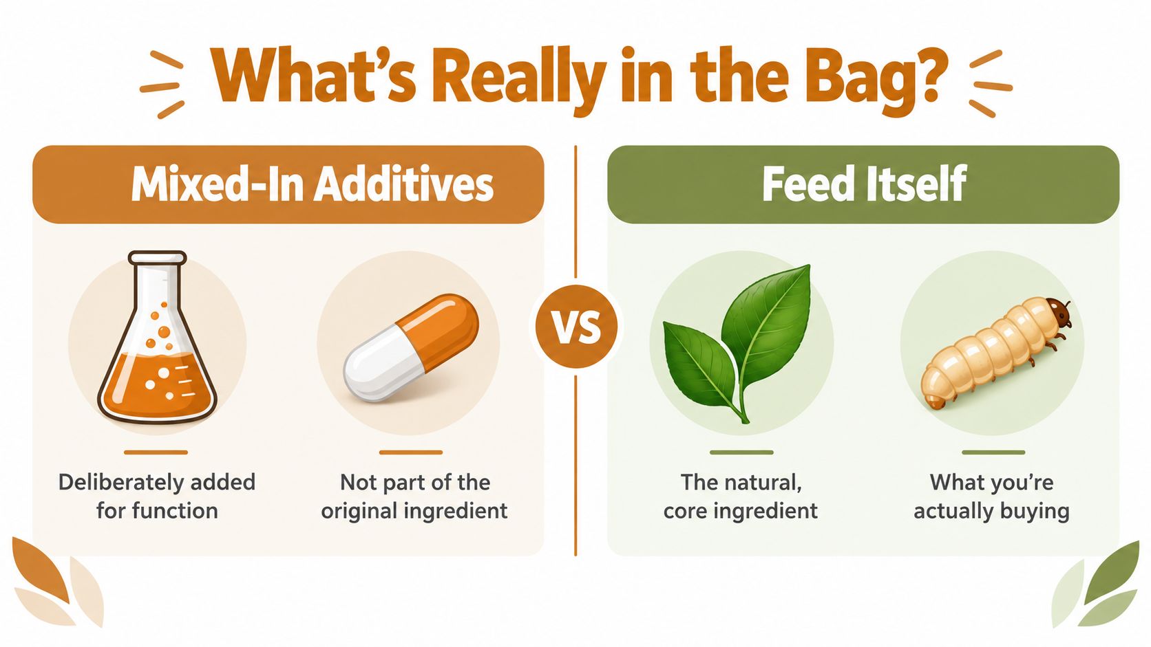 An infographic comparing mixed-in additives like chemicals and pills versus natural feed ingredients like leaves and insects.