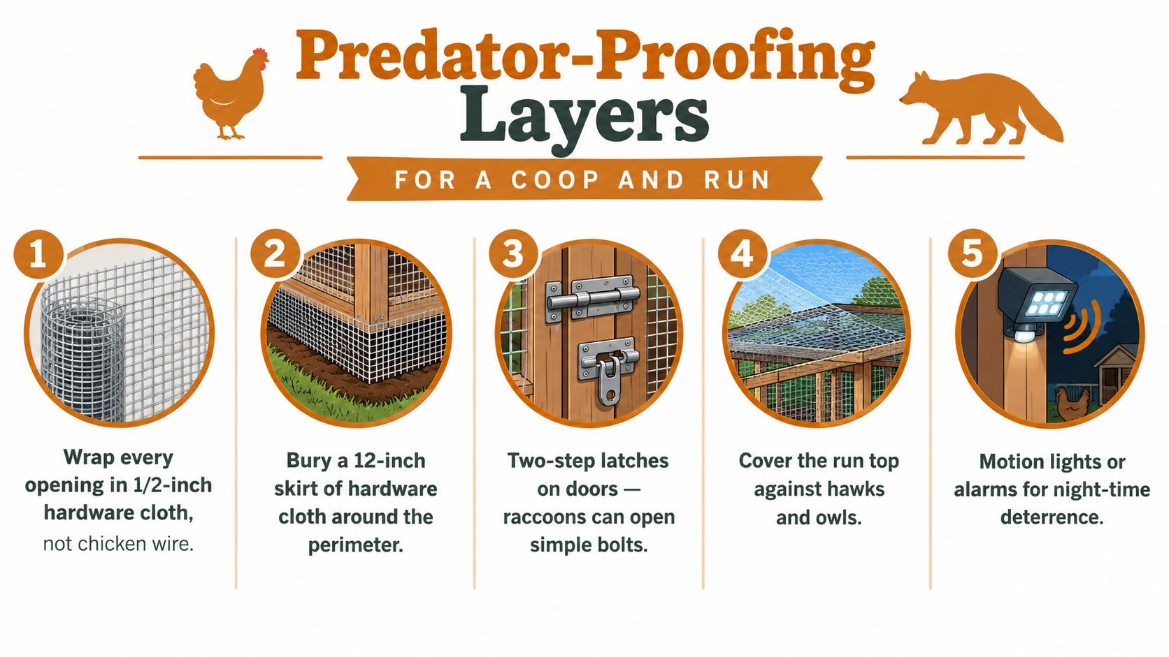 An infographic showing five essential steps to predator-proof a backyard chicken coop and run for poultry safety.