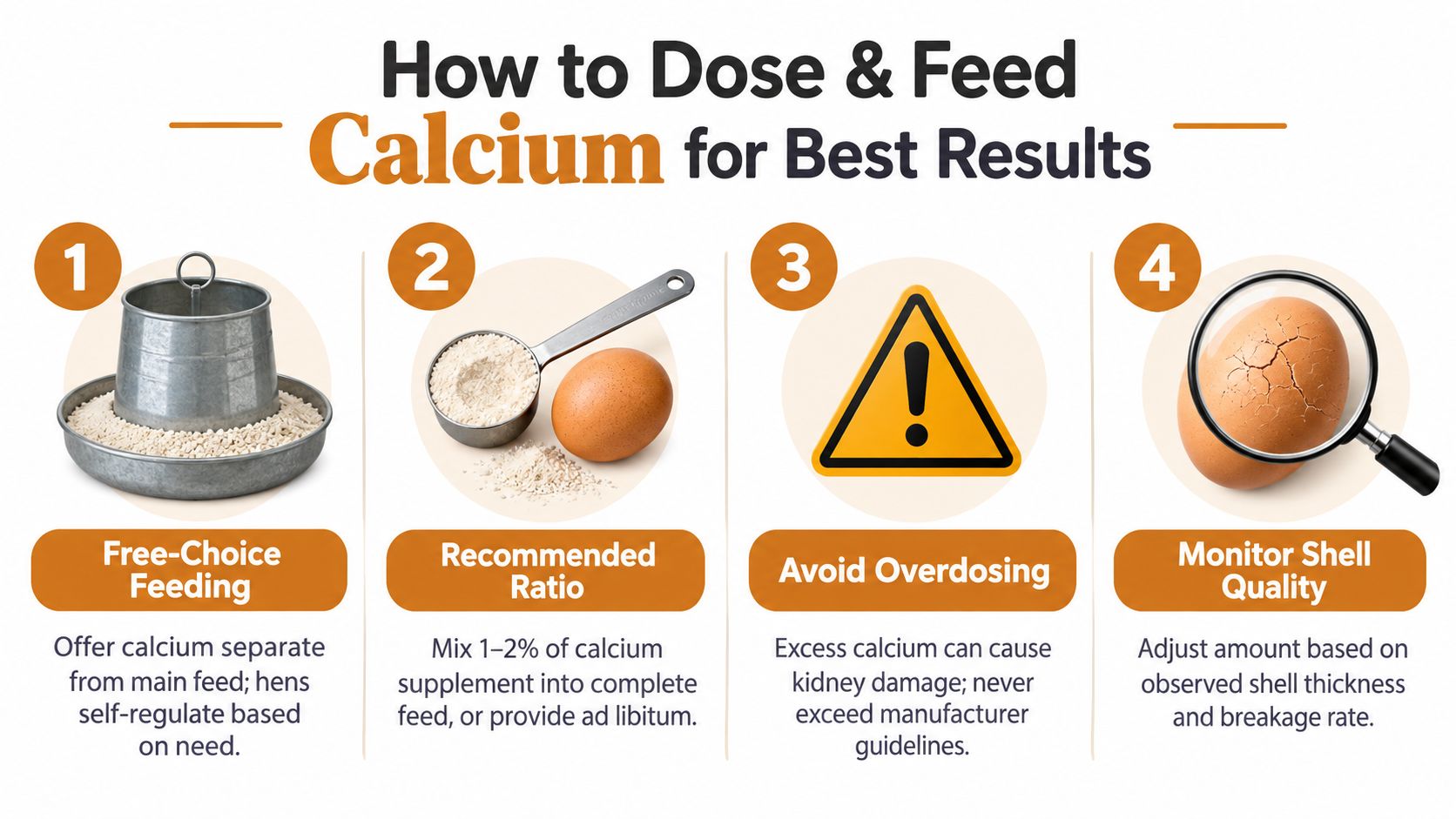 A four-step infographic illustrating how to properly provide calcium supplements to hens for better eggshell quality.