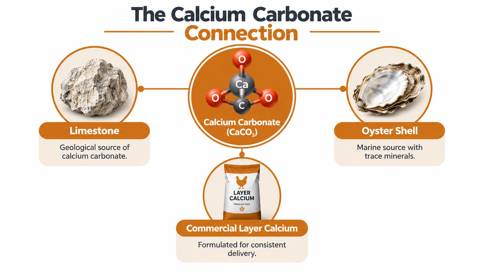 An infographic showing limestone, oyster shells, and commercial layer feed as sources of calcium carbonate for chickens.