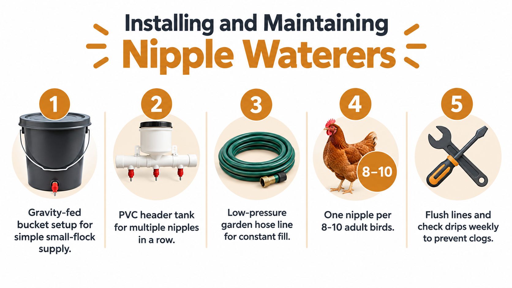 A five-step guide for installing and maintaining nipple waterer systems for a backyard chicken flock.