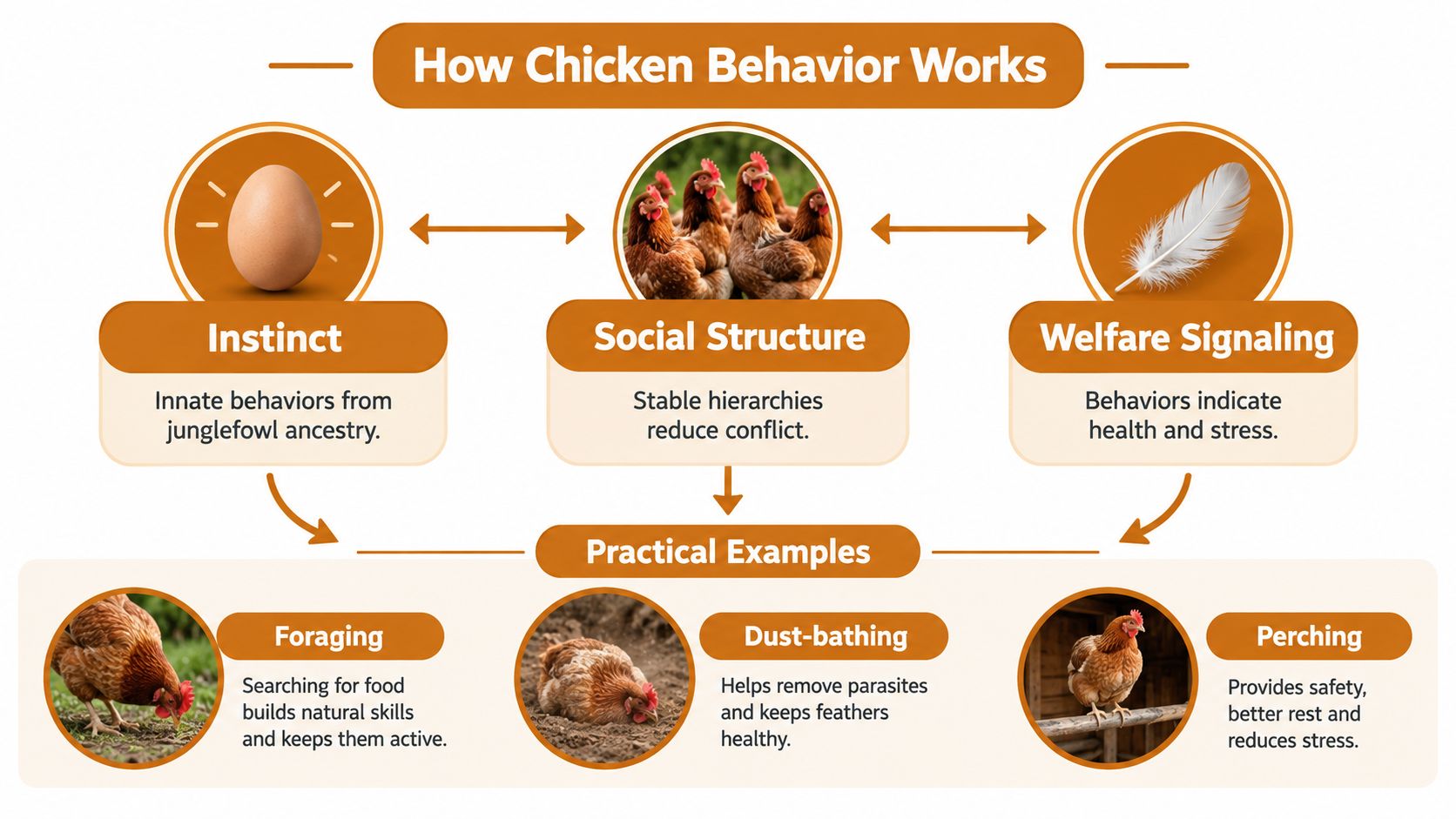 A diagram explaining chicken behavior through instinct, social structure, and welfare, including examples like foraging and perching.