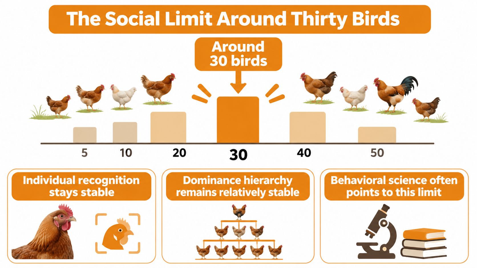 An infographic showing that chickens maintain a stable social hierarchy and individual recognition in flocks around thirty birds.