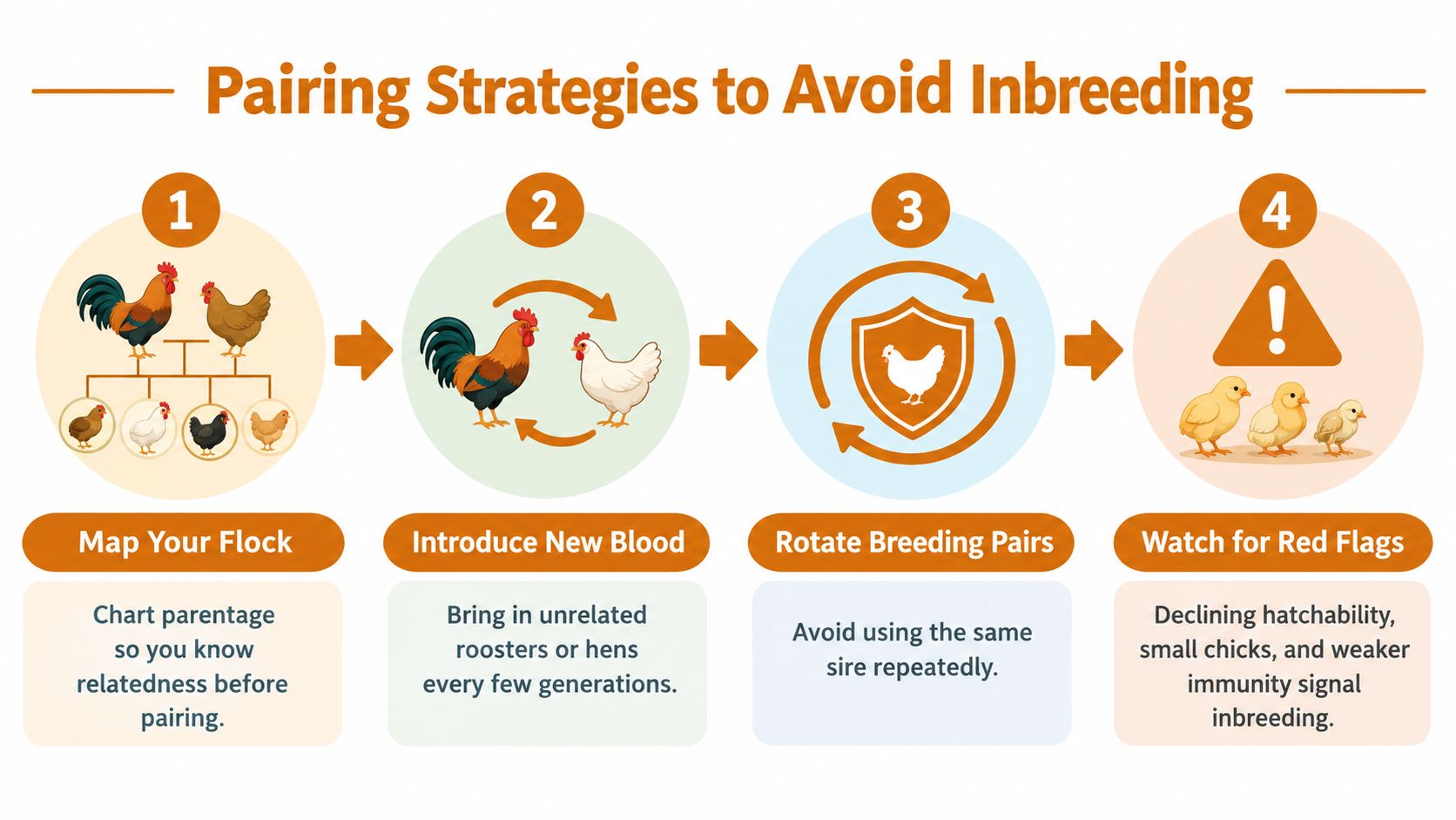 A four-step infographic illustrating strategies for avoiding inbreeding in chickens, including mapping, rotating, and monitoring.