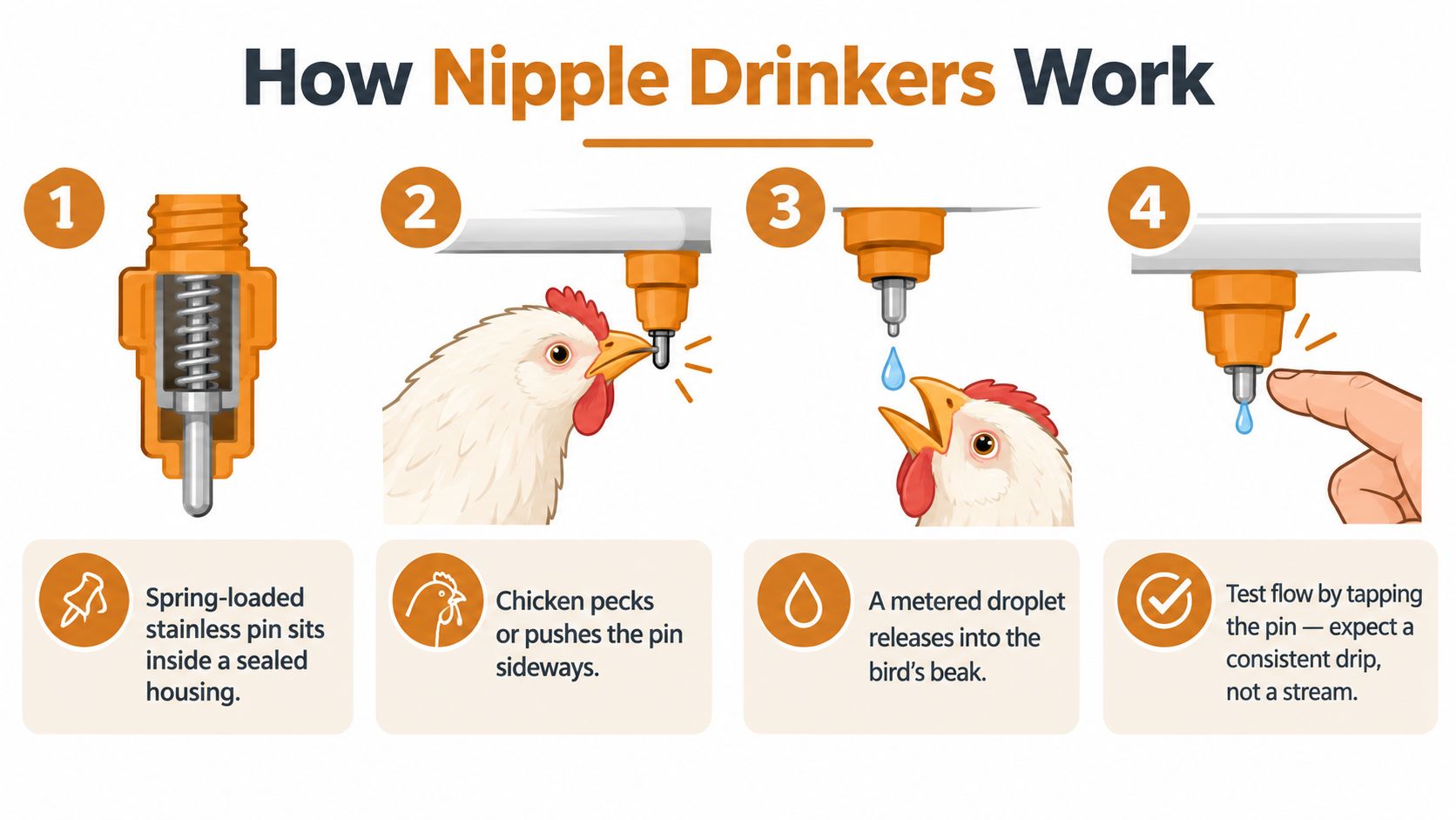 A diagram illustrating the four steps of how a chicken nipple drinker mechanism functions and releases water.