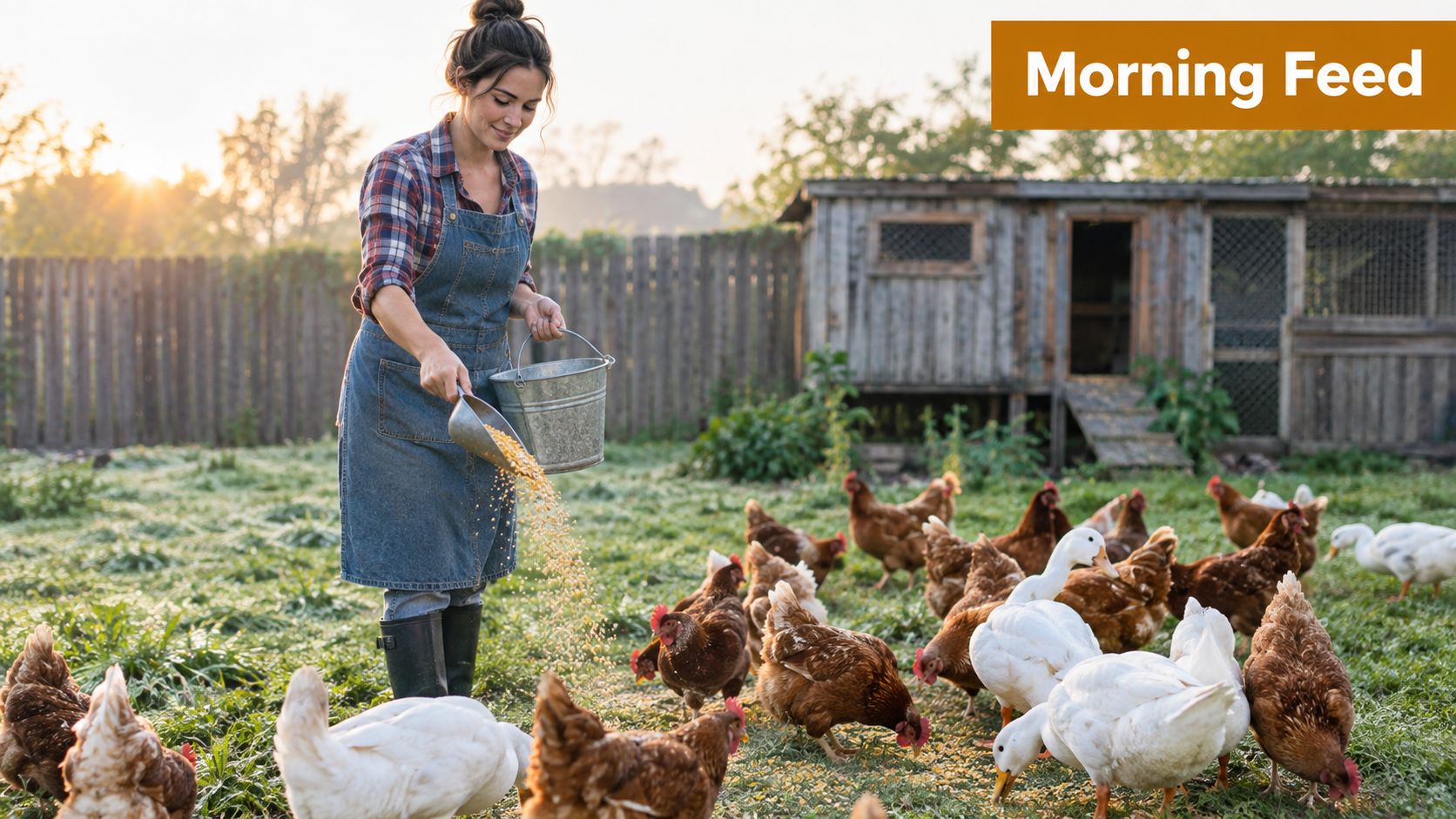 A woman in a denim apron feeding corn to chickens and ducks in a rural farmyard.