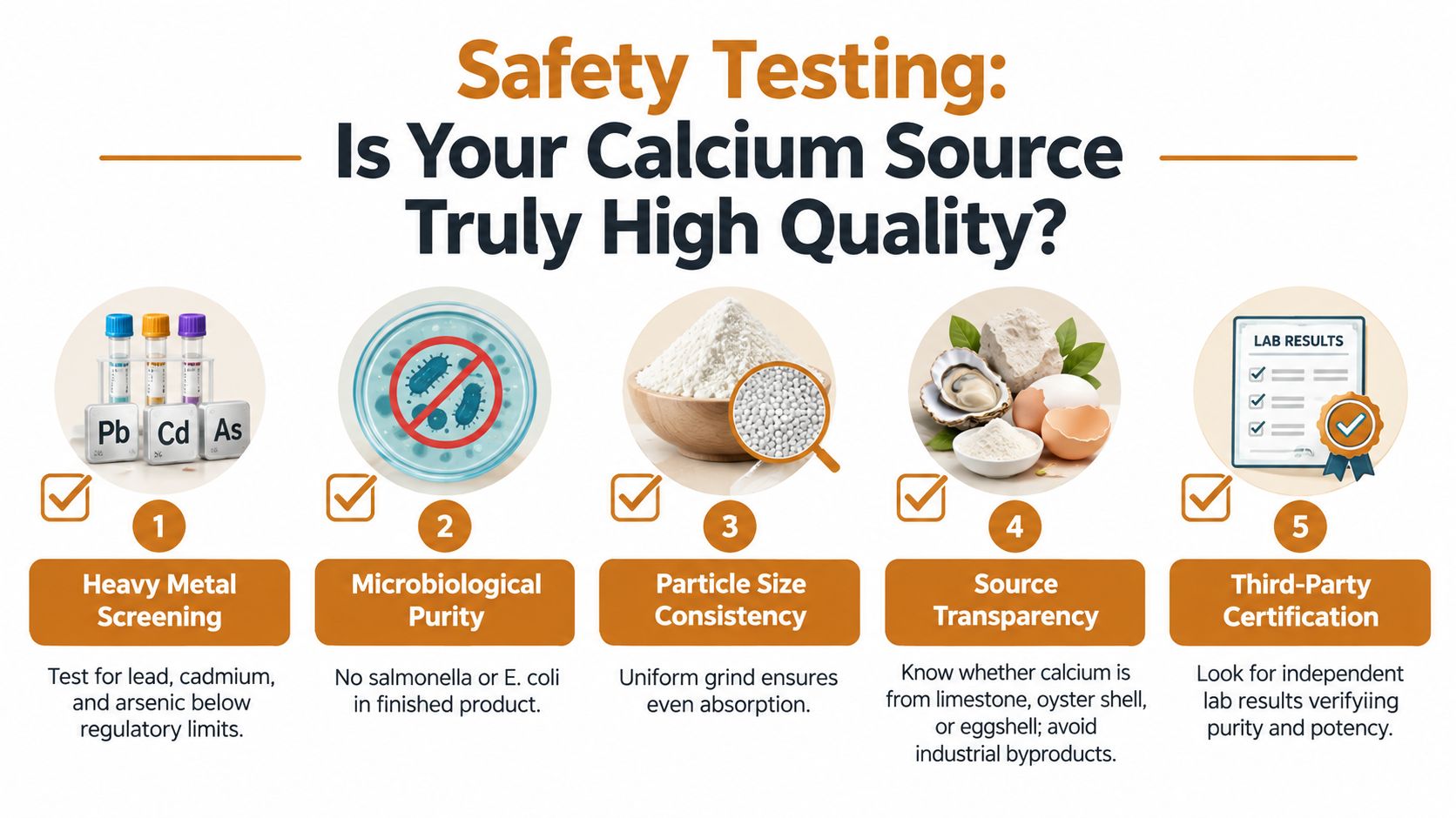 A safety testing checklist for high quality calcium supplements, covering heavy metals, purity, and transparency.