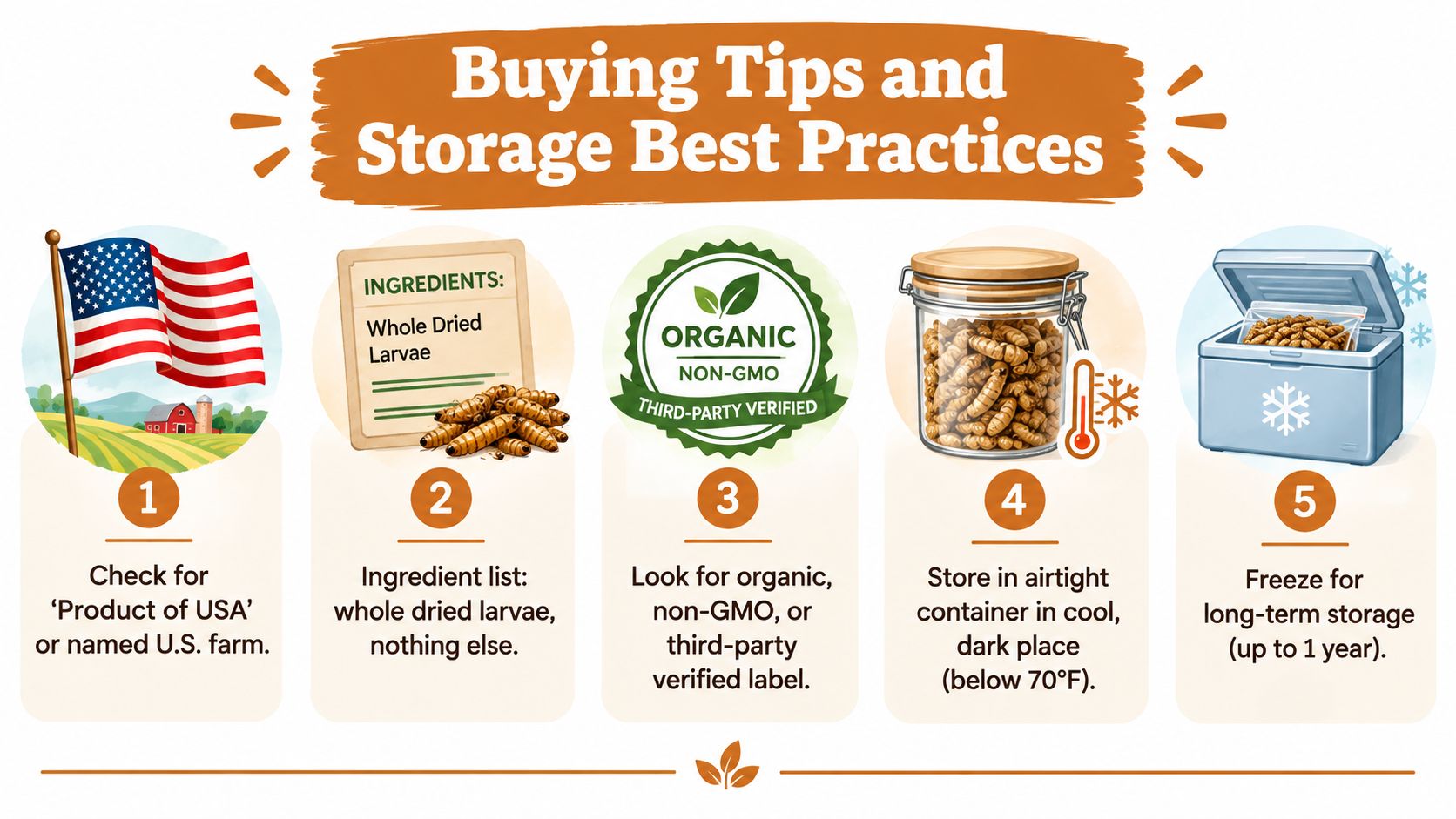 An infographic showing five best practices for buying and storing whole dried black soldier fly larvae.