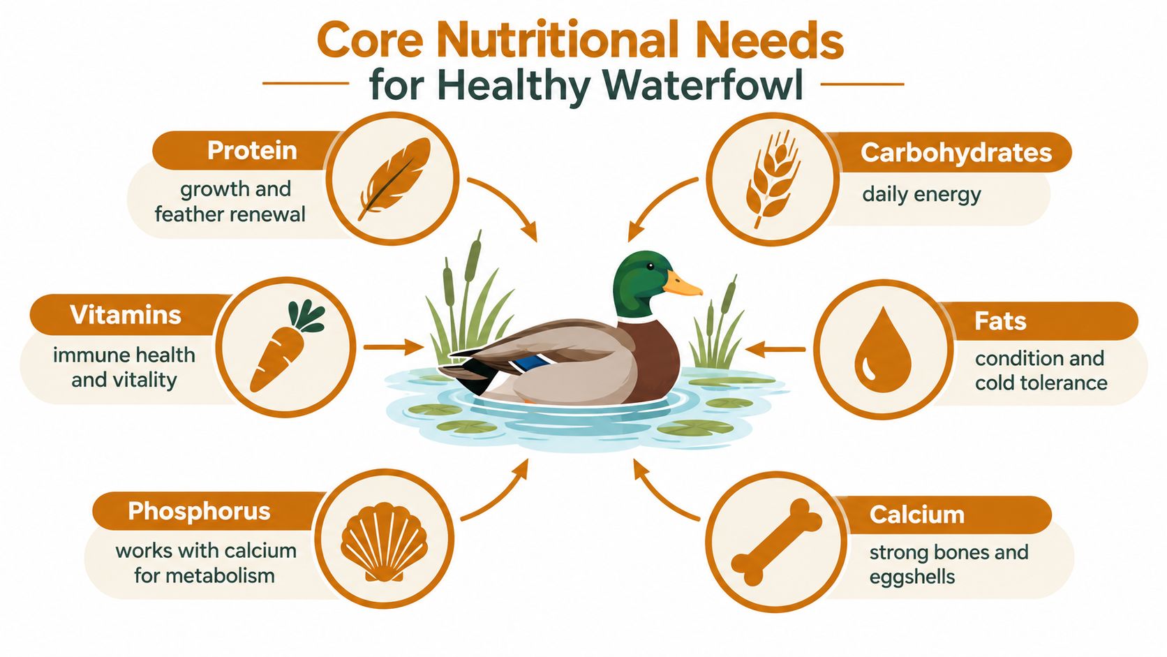 An infographic titled Core Nutritional Needs for Healthy Waterfowl, illustrating six essential nutrients for ducks.