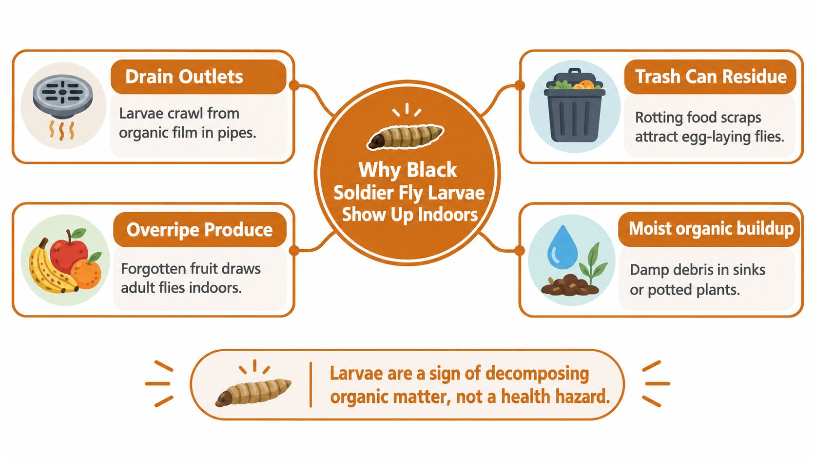 An infographic showing four common indoor sources that attract black soldier fly larvae in a house.