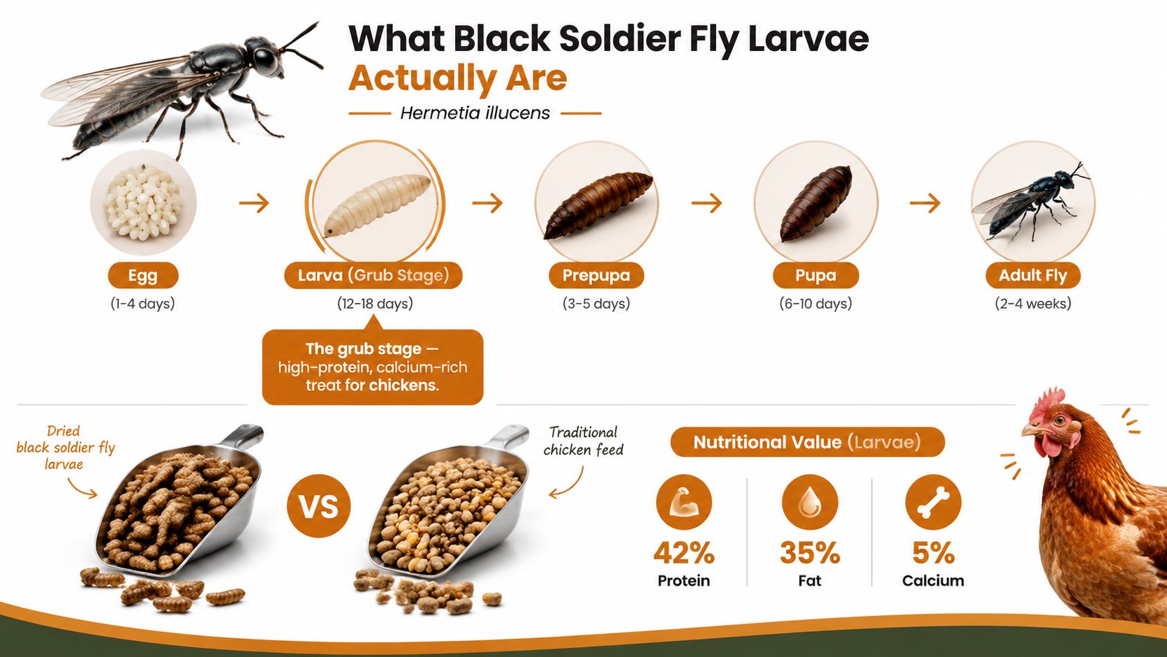 An infographic detailing the life cycle and nutritional benefits of black soldier fly larvae for chicken feed.