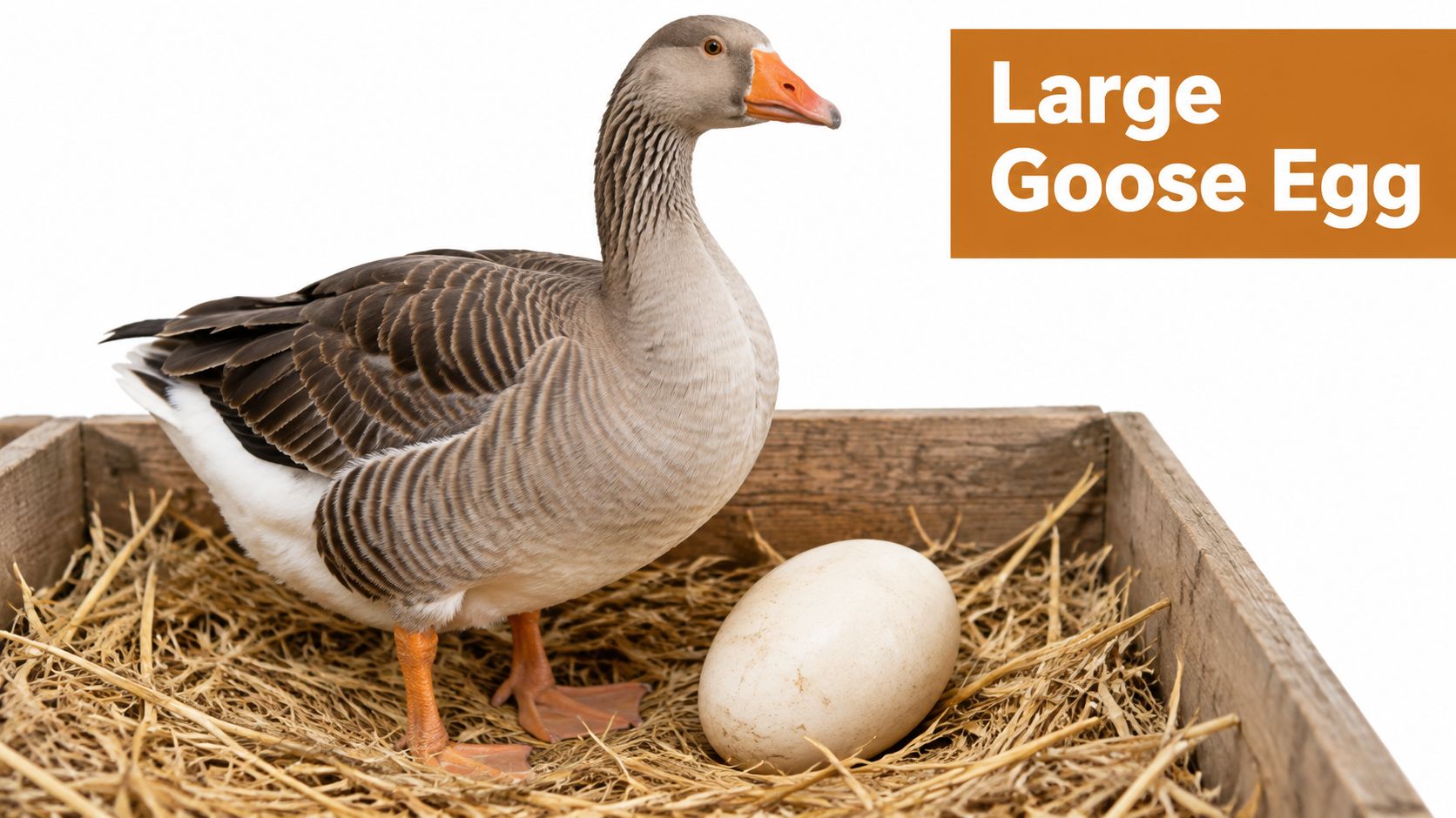 A domestic goose stands inside a wooden crate filled with hay next to a large egg.