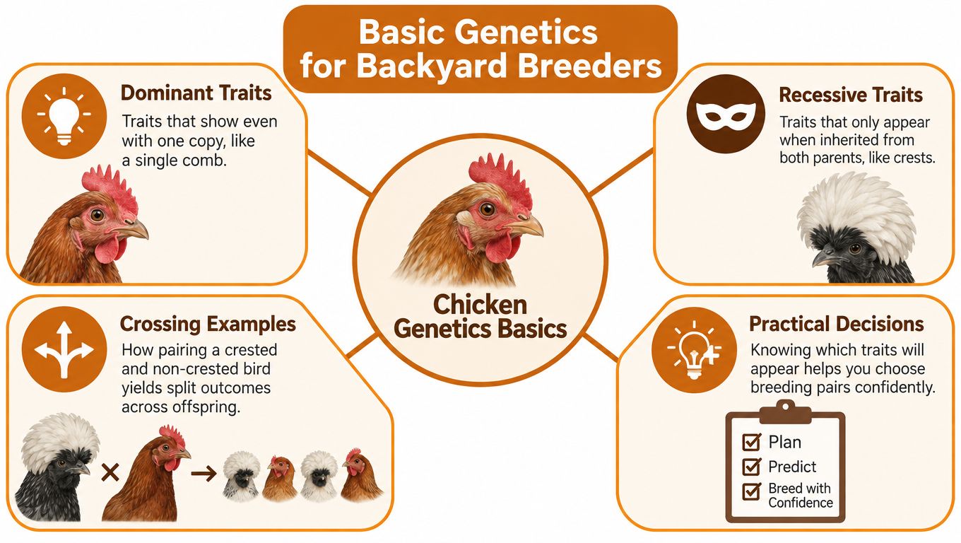 An educational infographic explaining basic chicken genetics, covering dominant and recessive traits, breeding outcomes, and practical decisions.