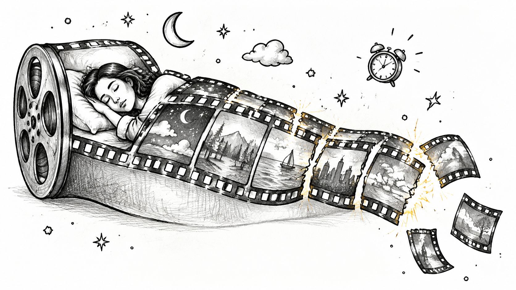 A woman sleeping in bed with a film reel as her blanket depicting scenes of nature and cities.