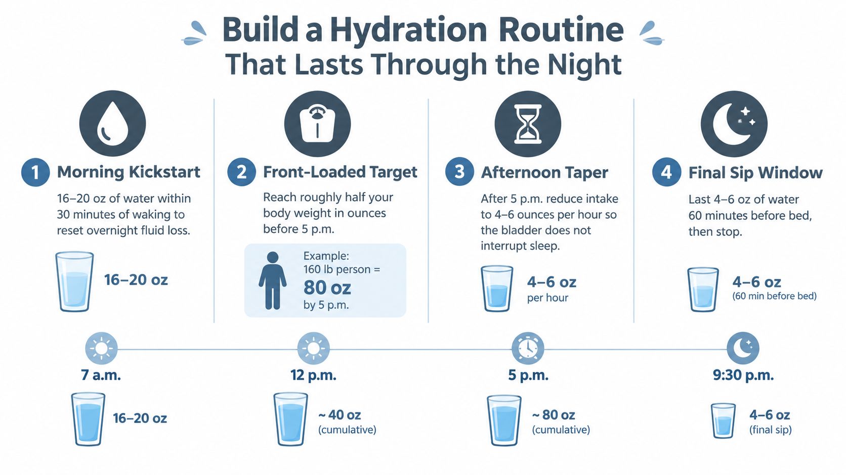 A hydration routine infographic explaining how to drink water throughout the day to avoid nighttime sleep interruptions.