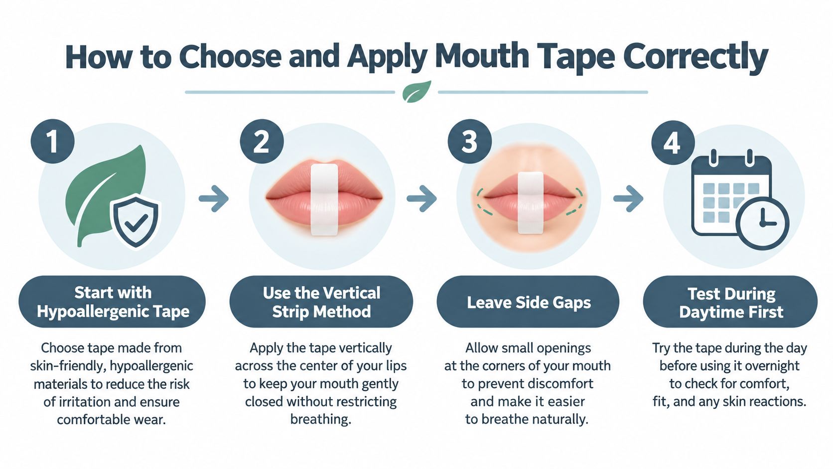 A four-step infographic illustrating how to correctly choose and apply mouth tape for safe and comfortable use.