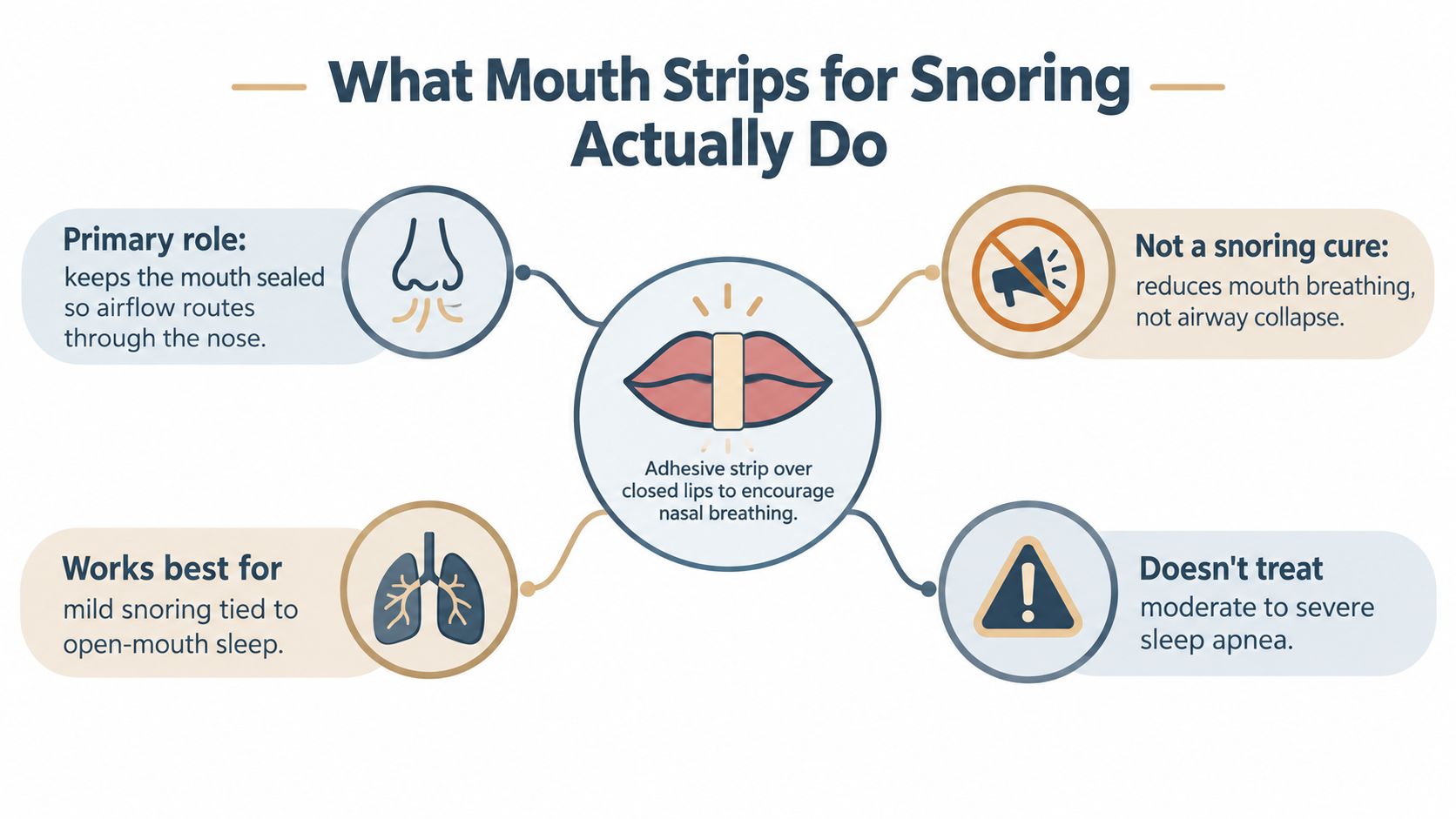 An infographic explaining how mouth strips for snoring work, including their benefits and limitations regarding sleep health.