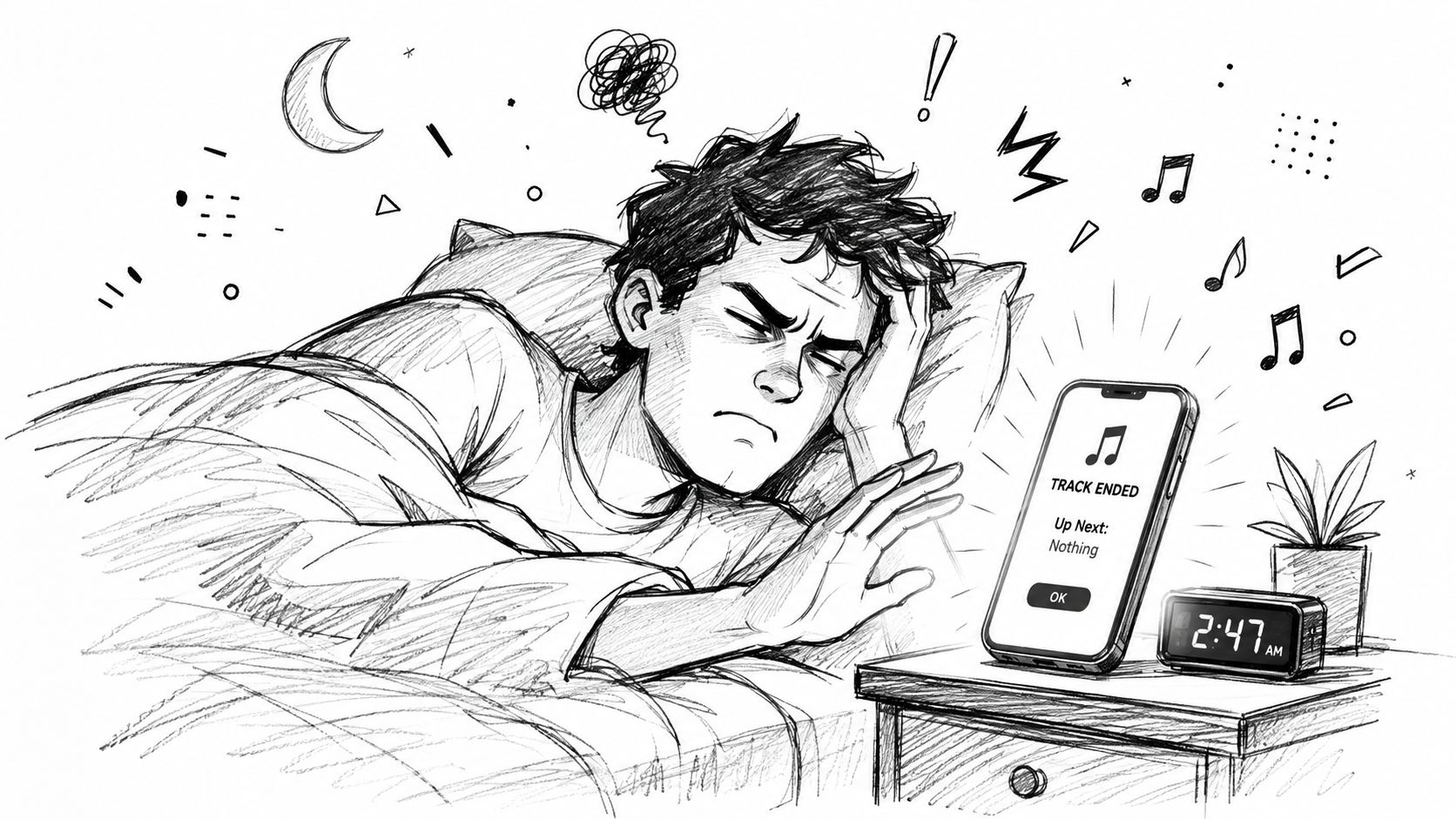 A sketched illustration of a man struggling to sleep while a phone shows a music track ended.