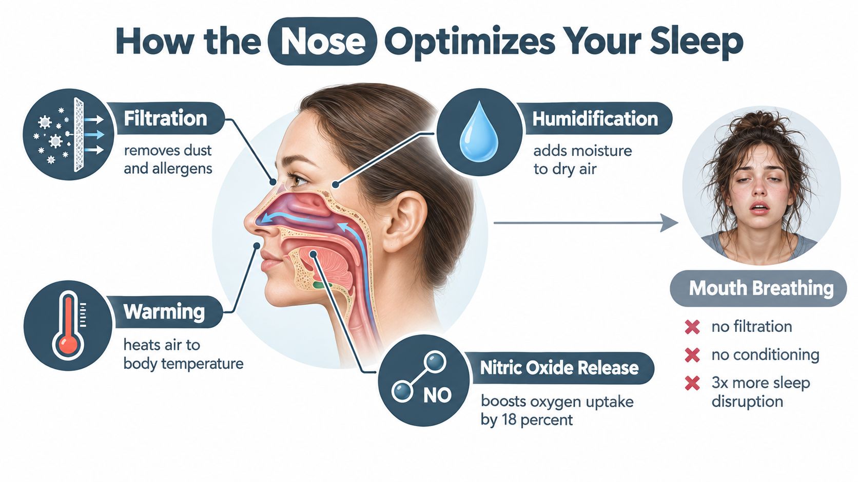An infographic showing how nasal breathing optimizes sleep compared to the negative effects of mouth breathing.