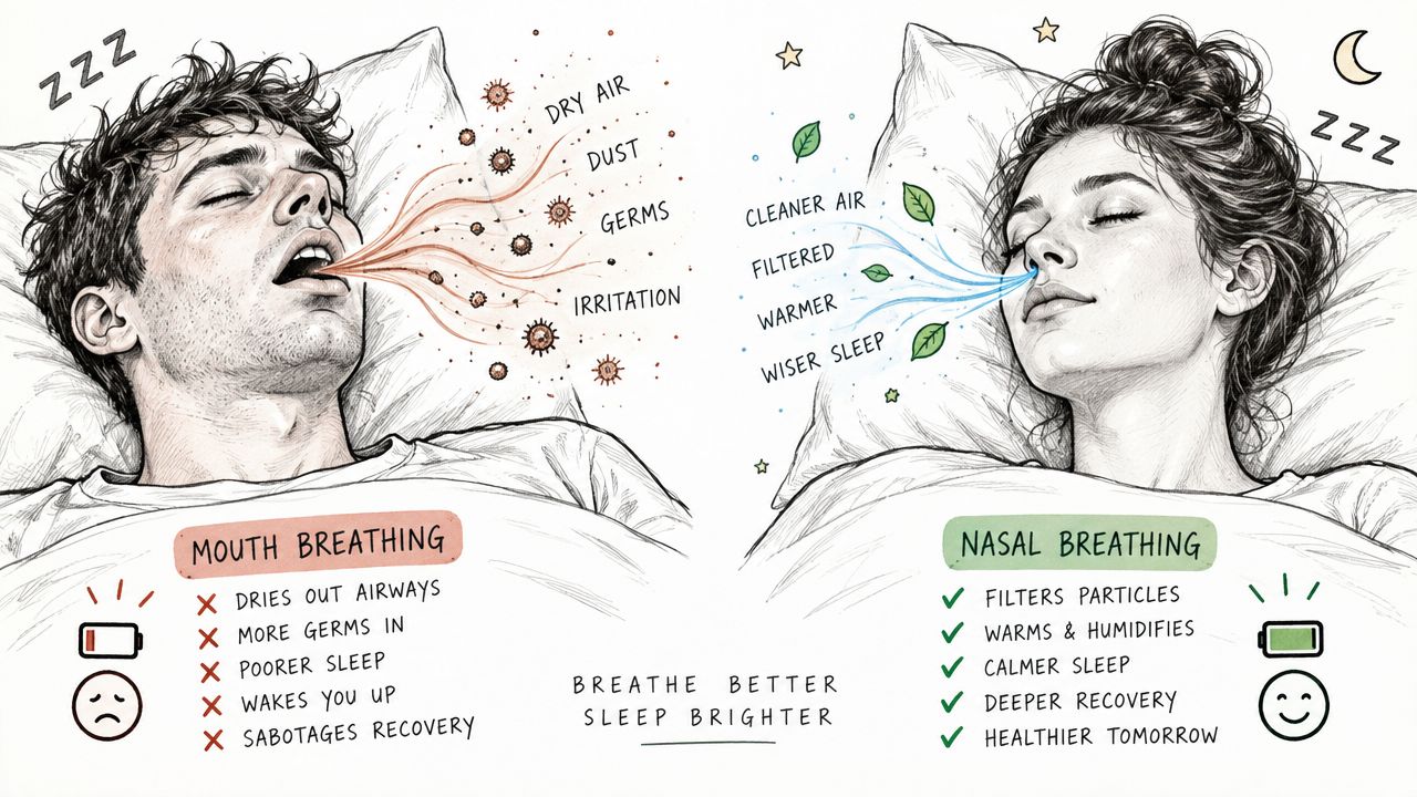 An infographic comparing the health benefits of nasal breathing versus the drawbacks of mouth breathing during sleep.