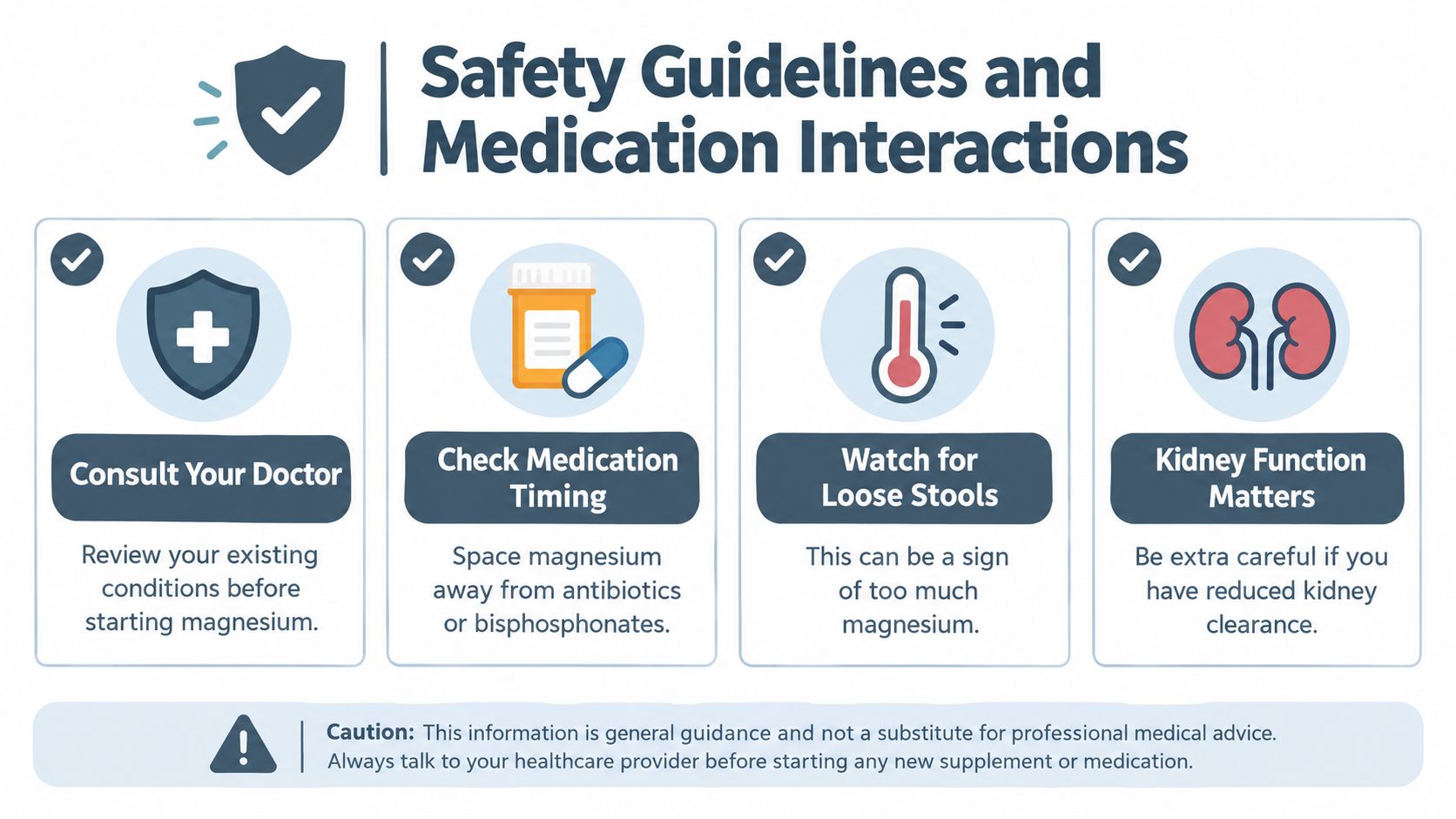 An infographic showing safety guidelines and potential medication interactions when taking magnesium supplements.