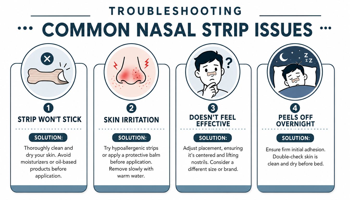 A troubleshooting infographic illustrating common nasal strip issues like poor adhesion, skin irritation, and ineffective placement.