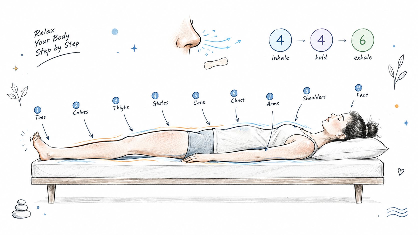 A diagram illustrating a step-by-step body relaxation technique while lying down, featuring breathing instructions and body zones.