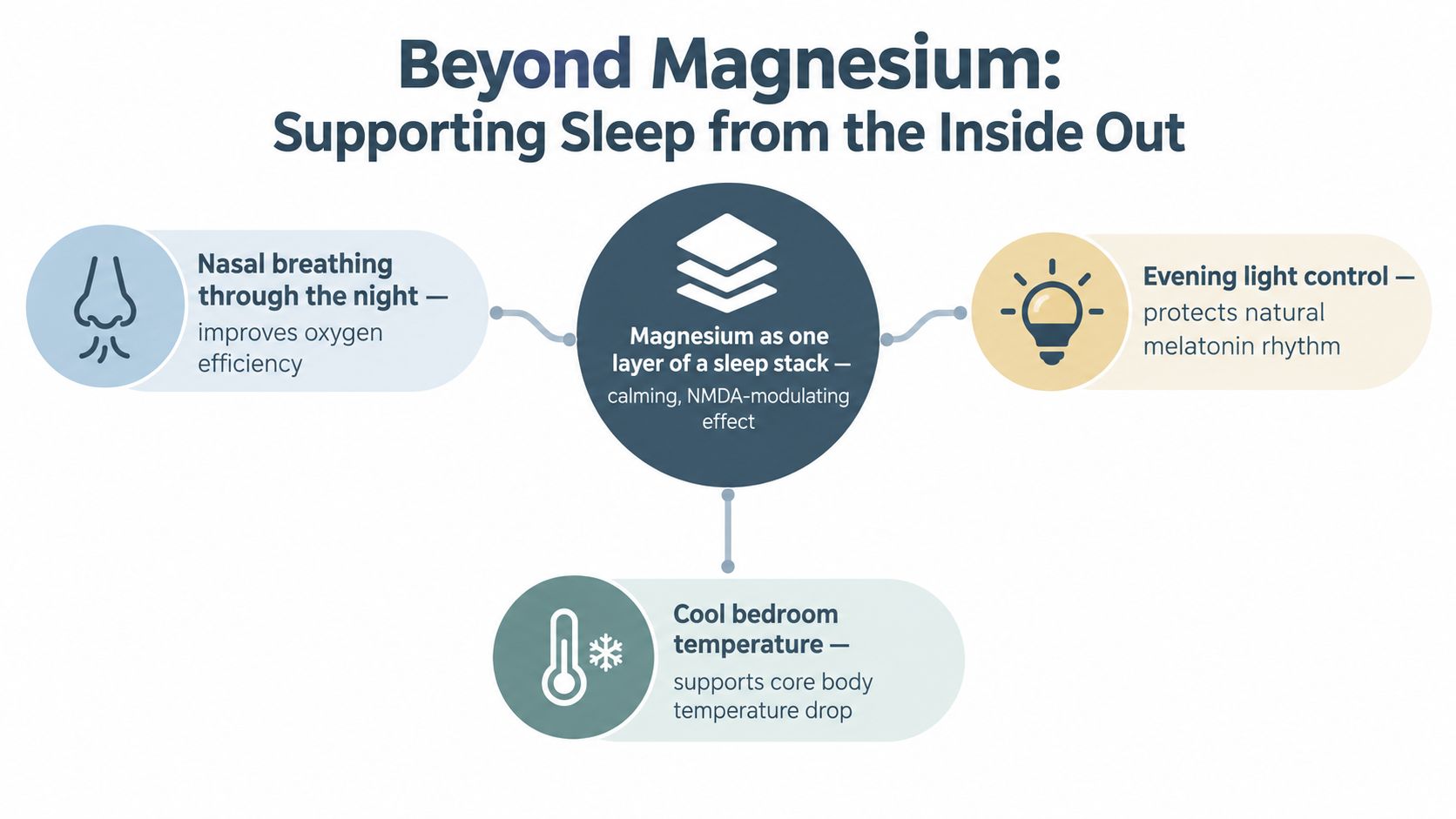 A diagram illustrating sleep improvement techniques including magnesium supplementation, nasal breathing, light control, and bedroom temperature regulation.