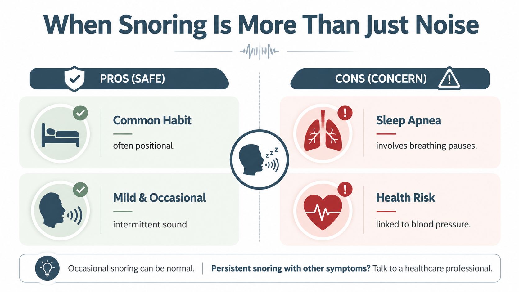 An infographic comparing snoring as a harmless habit versus a potential health concern like sleep apnea.