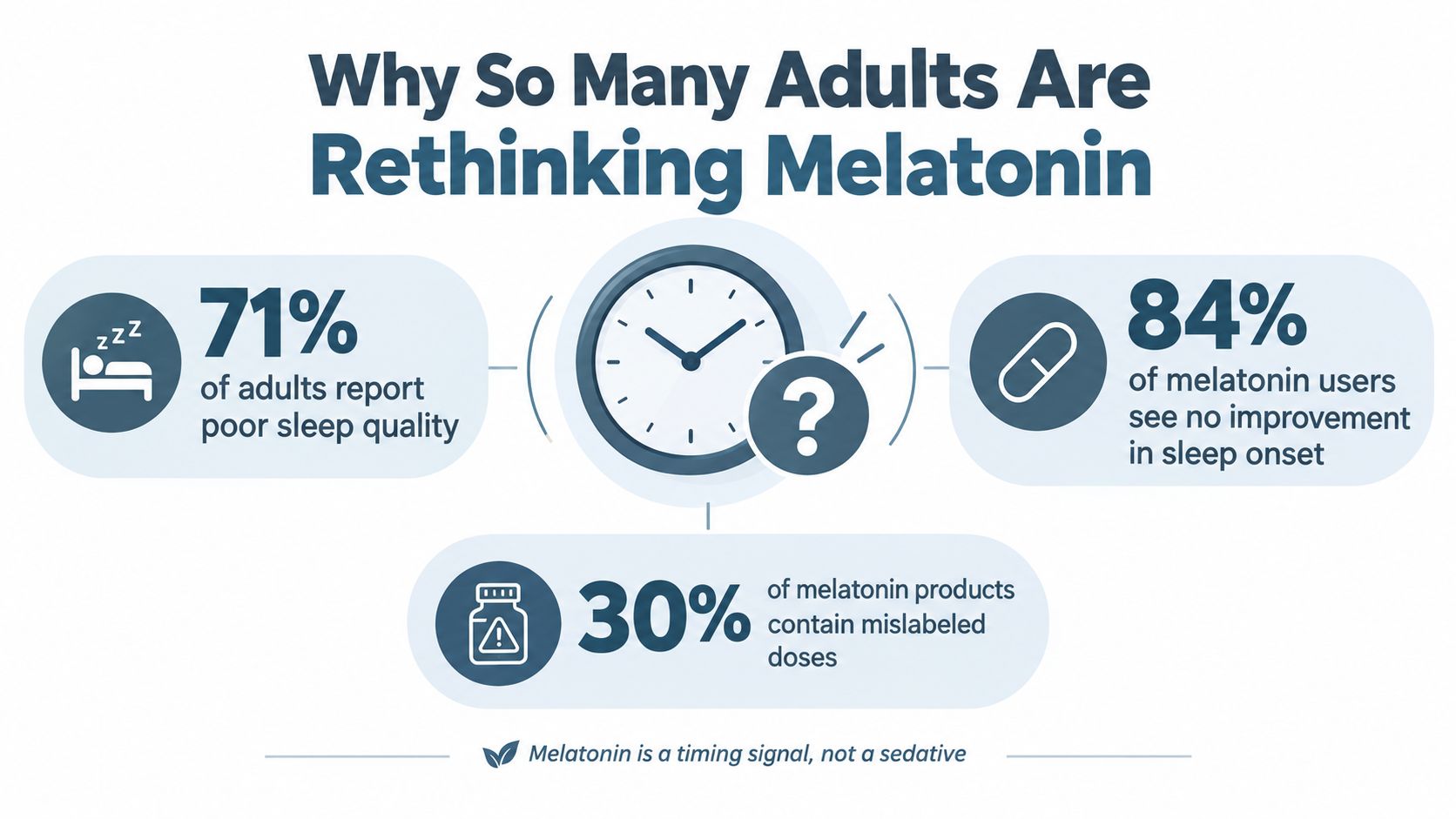 An infographic titled Why So Many Adults Are Rethinking Melatonin, highlighting statistics about sleep quality and efficacy.