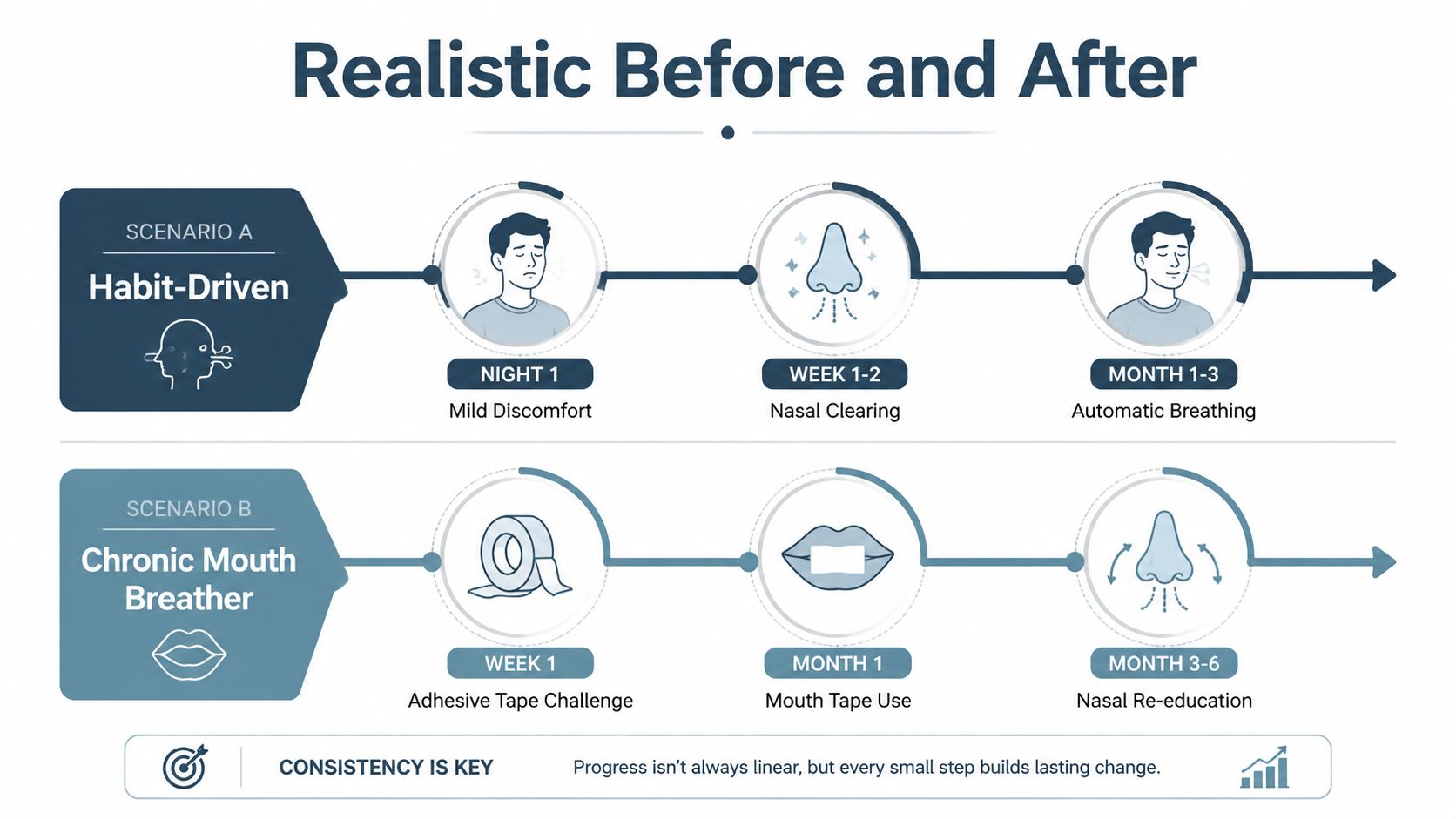 A diagram comparing the progress of habit-driven versus chronic mouth breathers through a mouth taping routine.