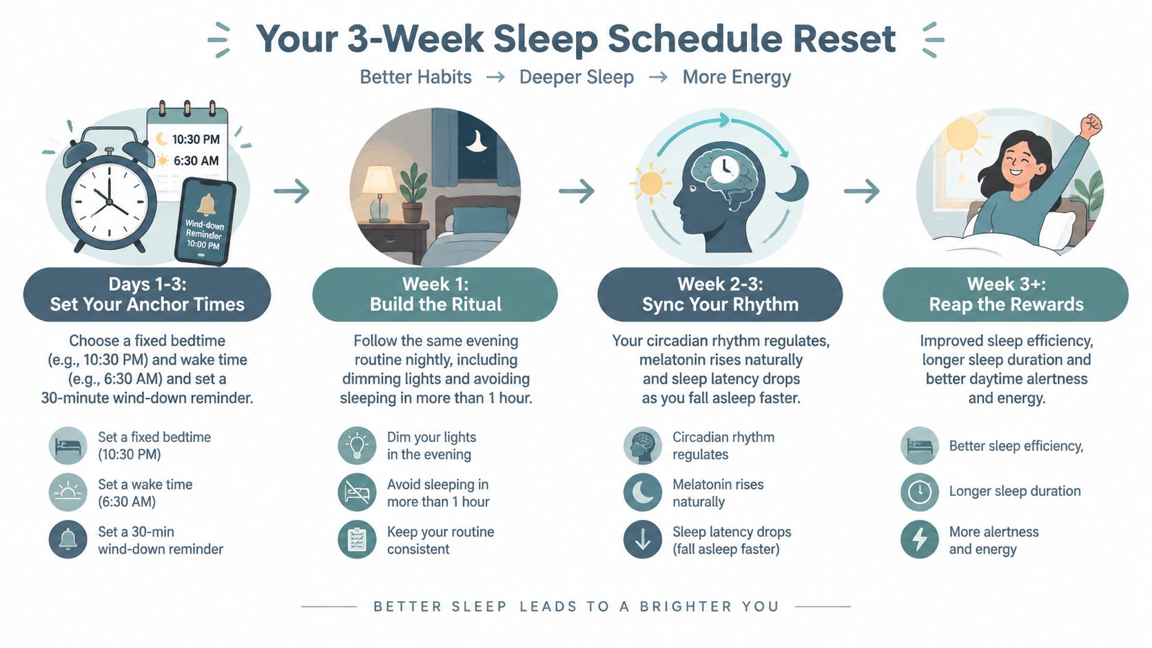 An infographic showing a three-week plan for improving sleep habits and establishing a consistent daily rhythm.