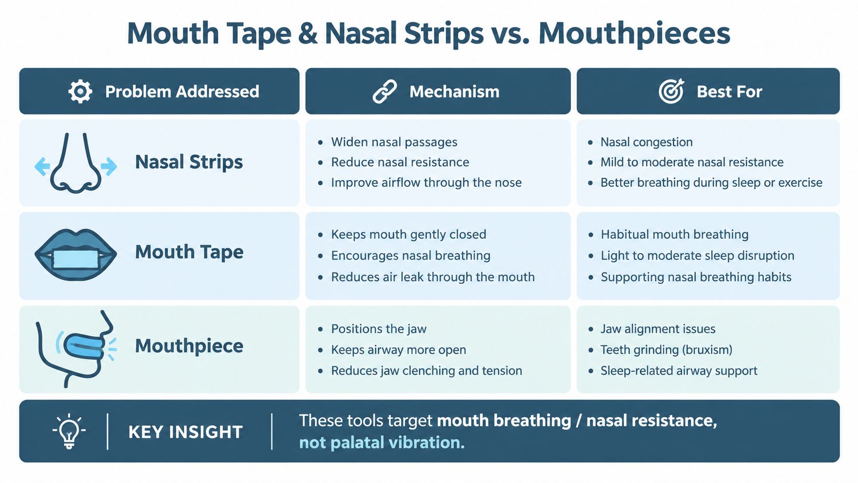A comparison chart outlining the mechanisms and benefits of nasal strips, mouth tape, and oral mouthpieces for breathing.