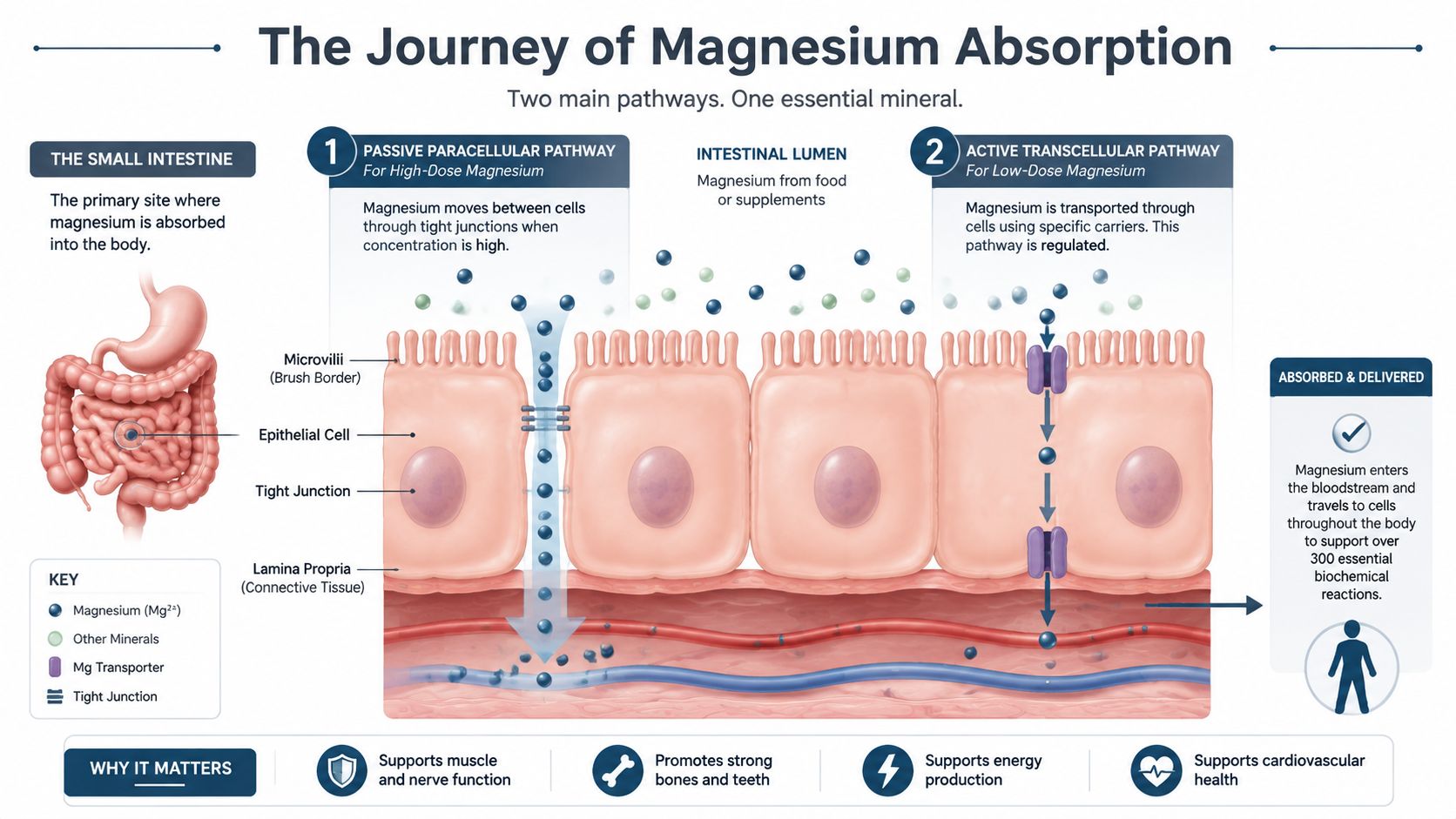 An infographic showing the two biological pathways of magnesium absorption in the human small intestine.