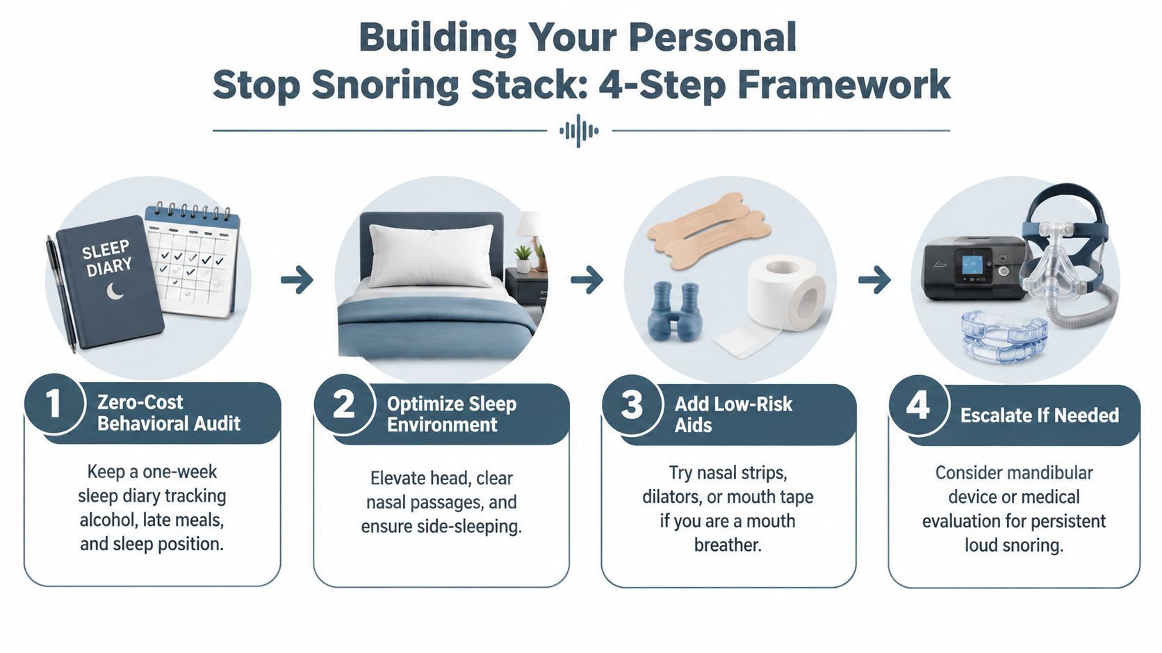 A four-step infographic showing how to stop snoring using behavioral changes, environment, aids, and medical devices.