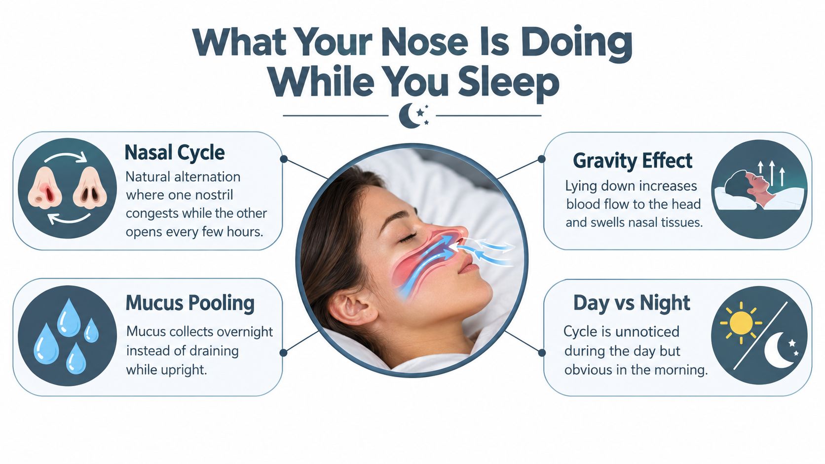 An infographic explaining four reasons why people experience nasal congestion and stuffiness while sleeping at night.