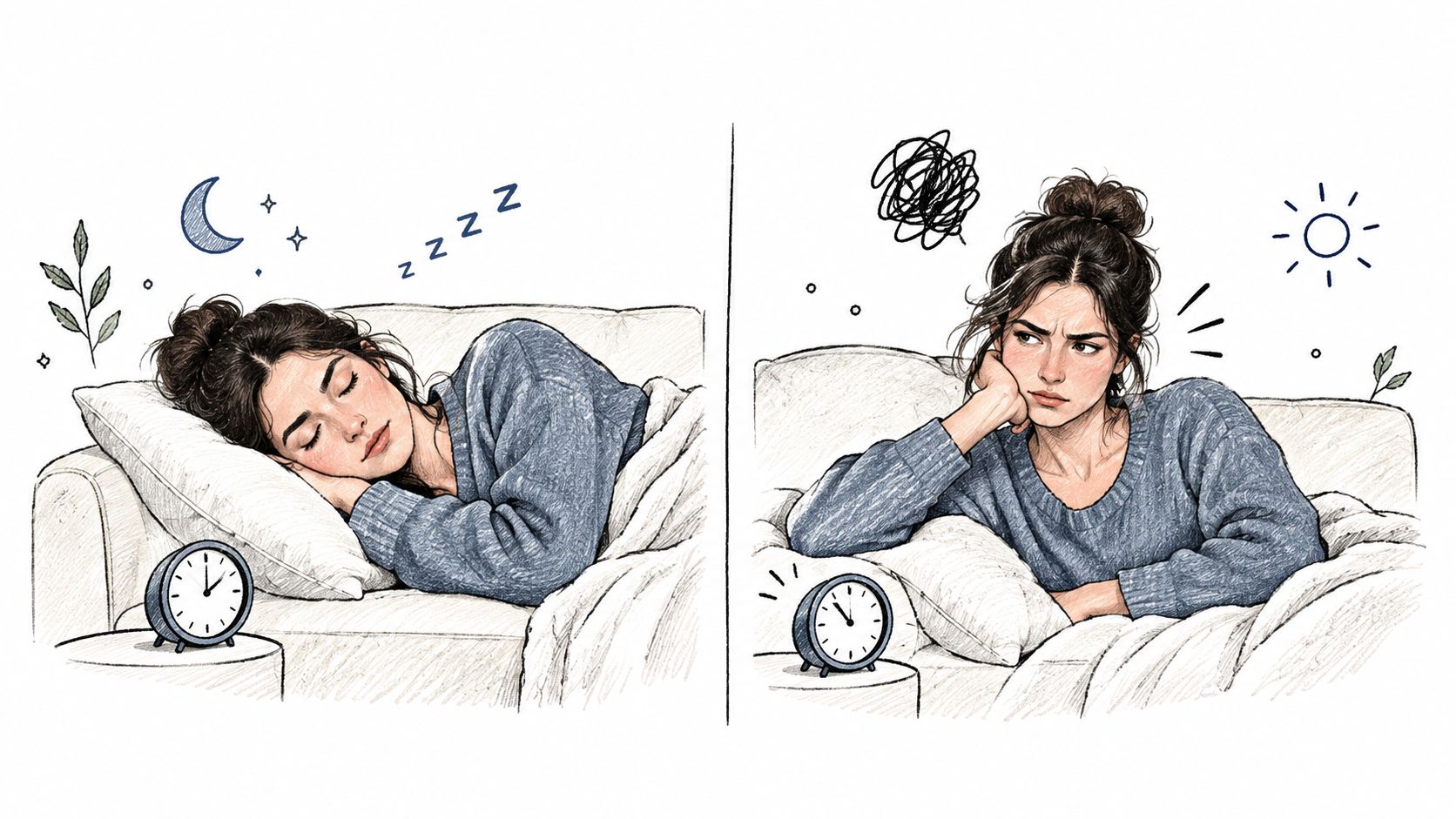 A split image showing a woman sleeping peacefully at night and feeling frustrated and awake during the day.