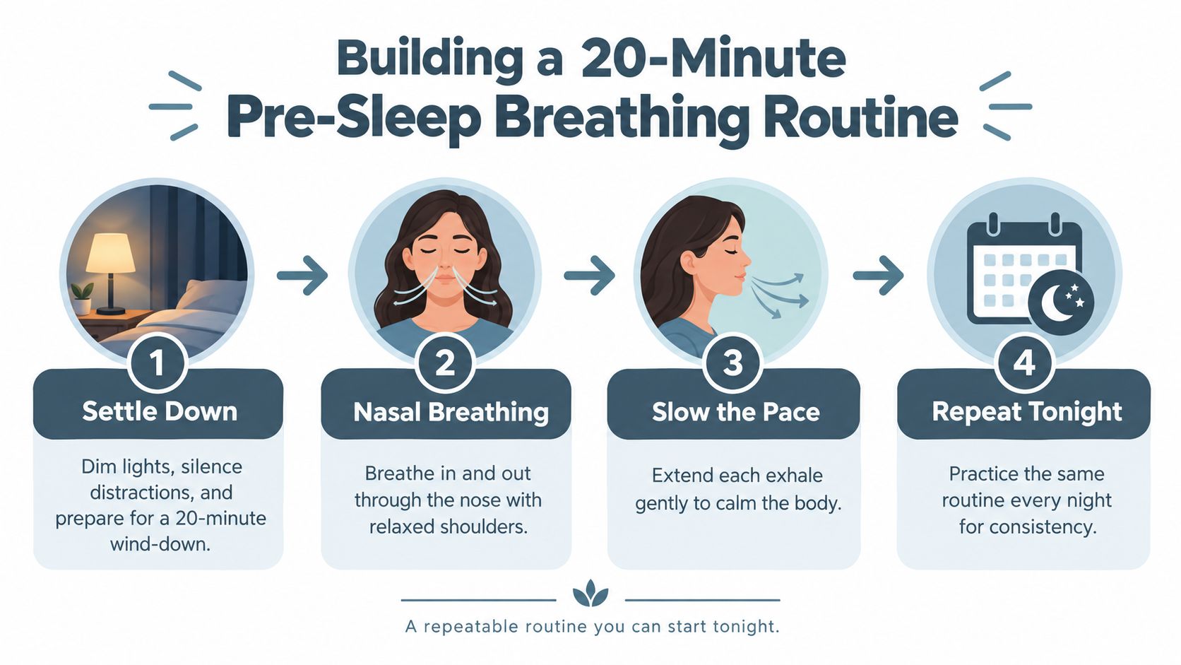 A four-step infographic illustrating a simple 20-minute pre-sleep breathing routine for relaxation and better sleep.