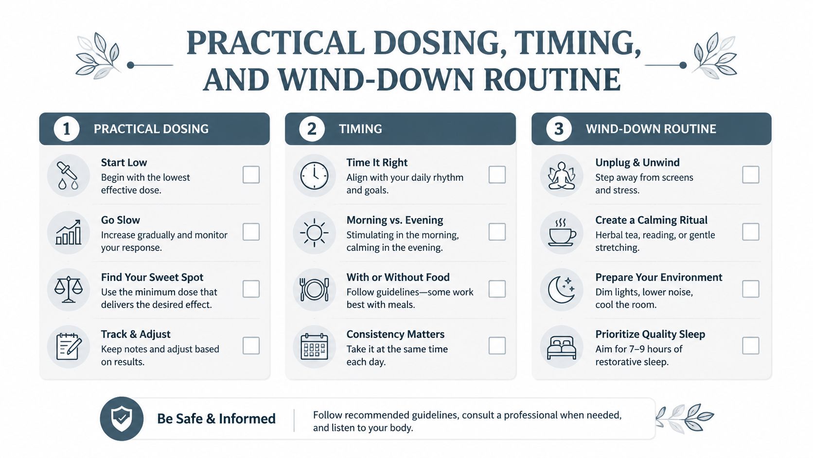 An infographic titled Practical Dosing, Timing, and Wind-Down Routine providing tips for supplement use and sleep habits.
