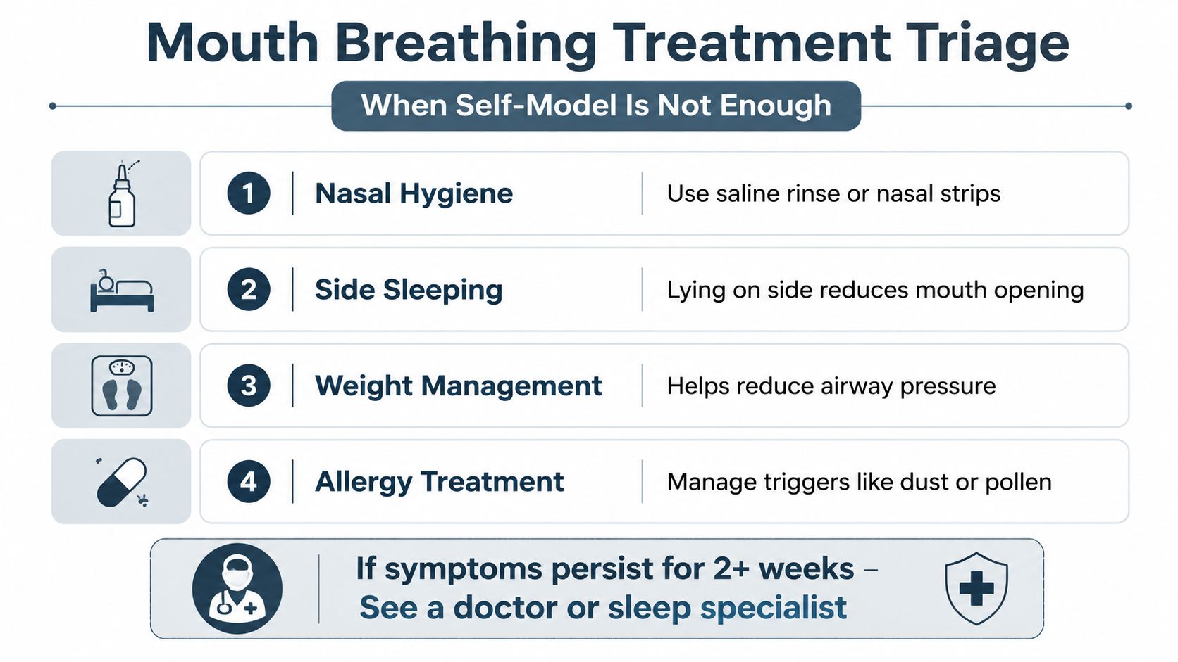 A triage guide for mouth breathing featuring steps for nasal hygiene, side sleeping, weight management, and allergy treatment.