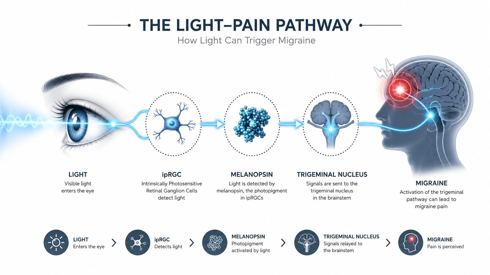 A diagram illustrating the light-pain pathway showing how visible light triggers migraine pain through neural pathways.